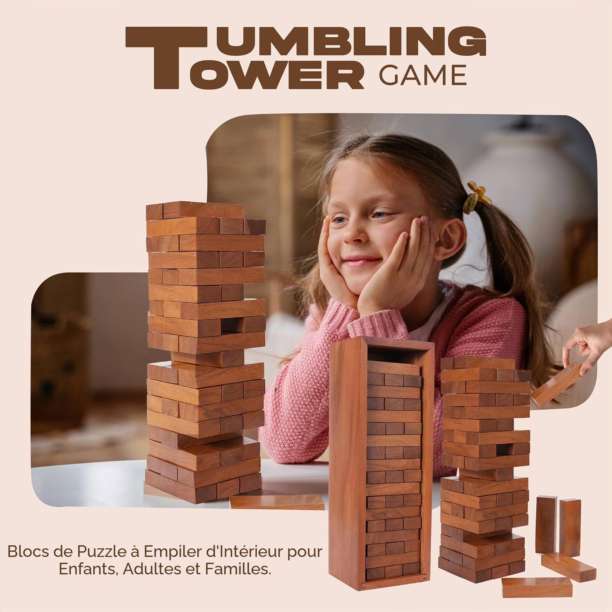 Ajuny Jeu Tumbling Tower en Bois, Tour Empilable 54 Blocs – Jeu d’Adresse & d’Équilibre pour Enfants et Adultes, Jeu de Société Familial pour Soirées Jeux, Camping et Plein Air, 29,2 cm