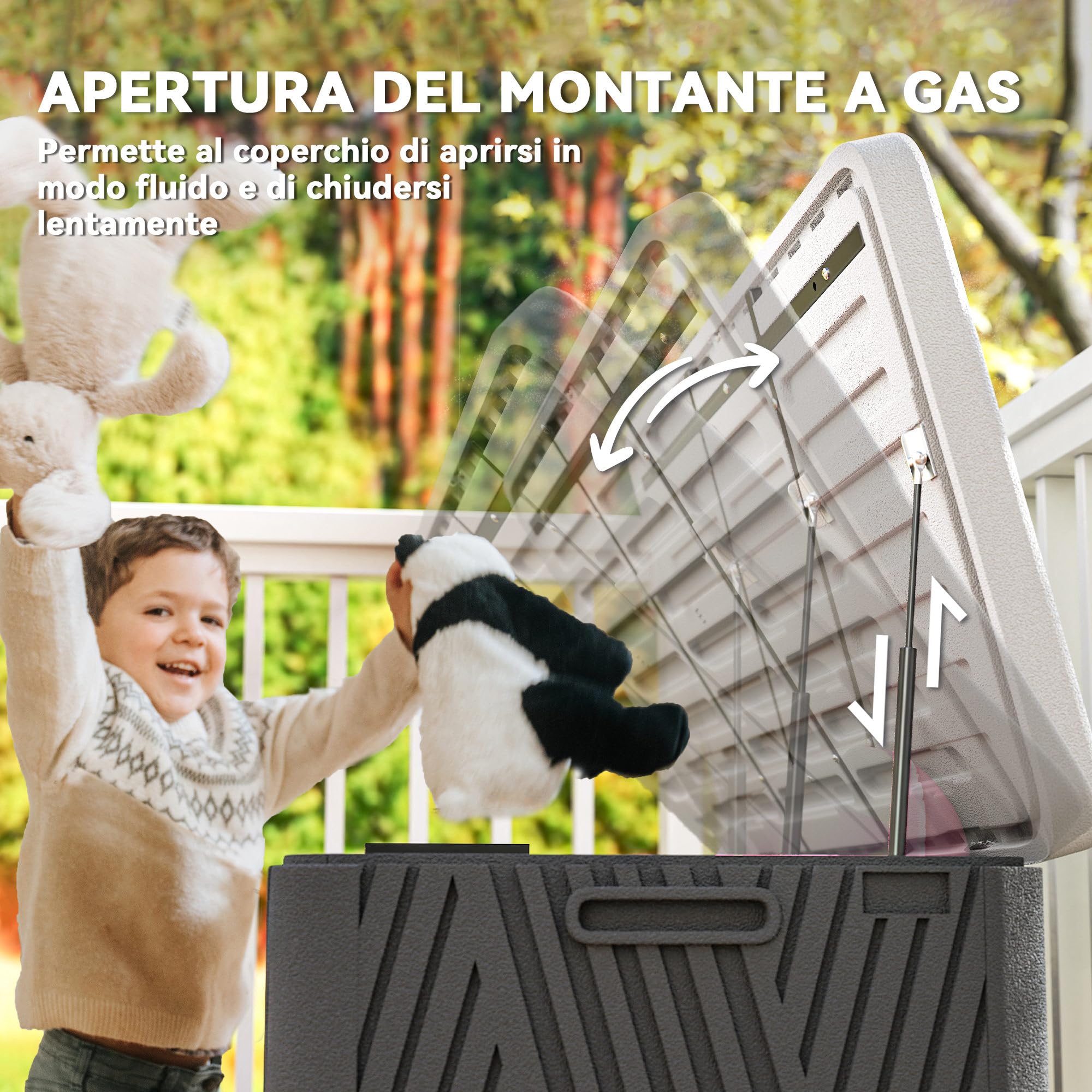 Outsunny Baule da Esterno da 380L Impermeabile in HDPE, Cassapanca Contenitore da Esterno con Coperchio a Leva e 2 Maniglie Laterali, Protezione UV, 115x60x60 cm, Nero e Grigio