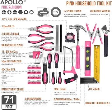 Apollo 71pc Home & Office DIY Tool Kit Set. Complete Household Tool Box with Essential Hand Tools Included for Basic General Repairs & Maintenance