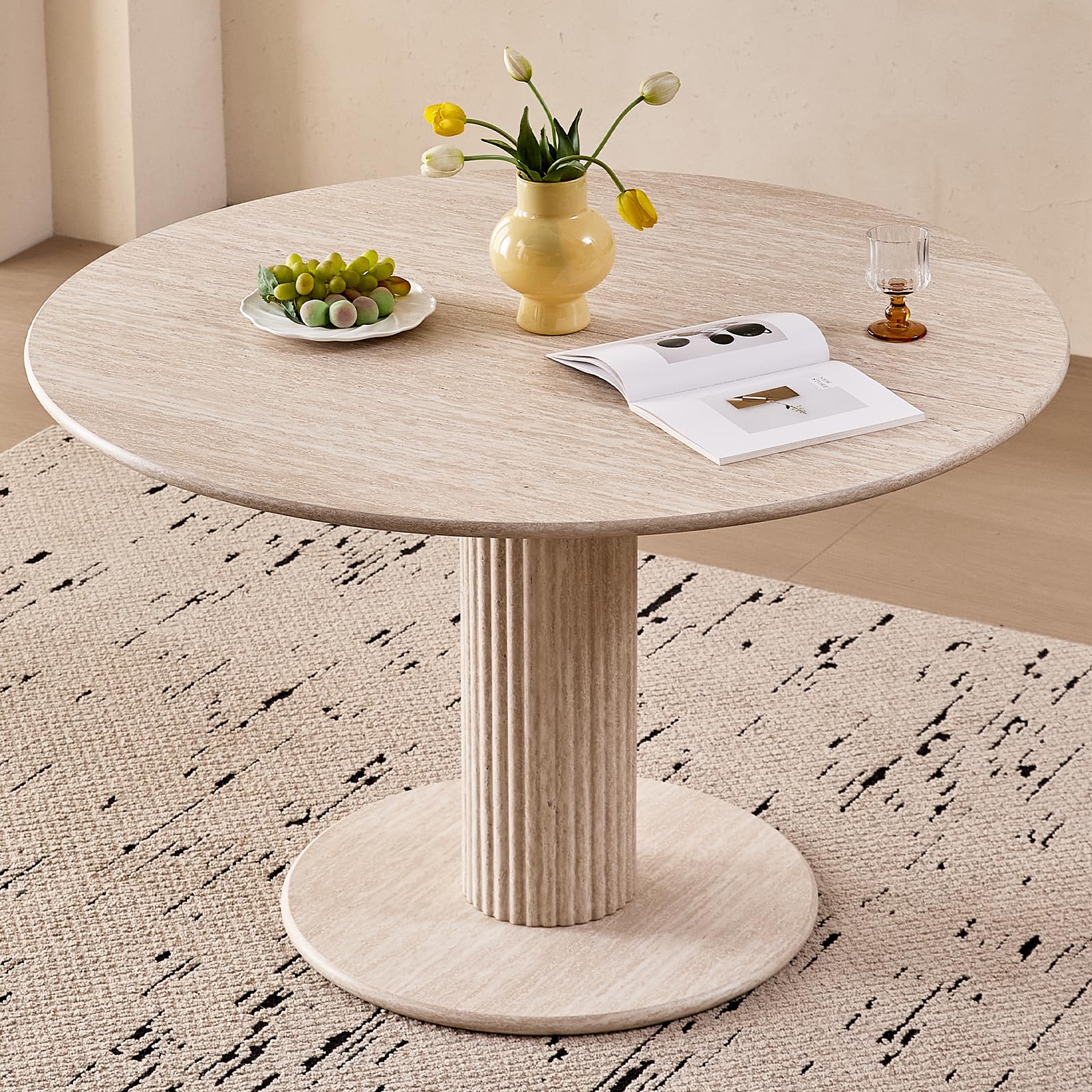 47 Round Dining Table for 4 Cylinder Pedestal Base Stone-Patterned Modern Circle Dinner Table for Kitchen Dining Living