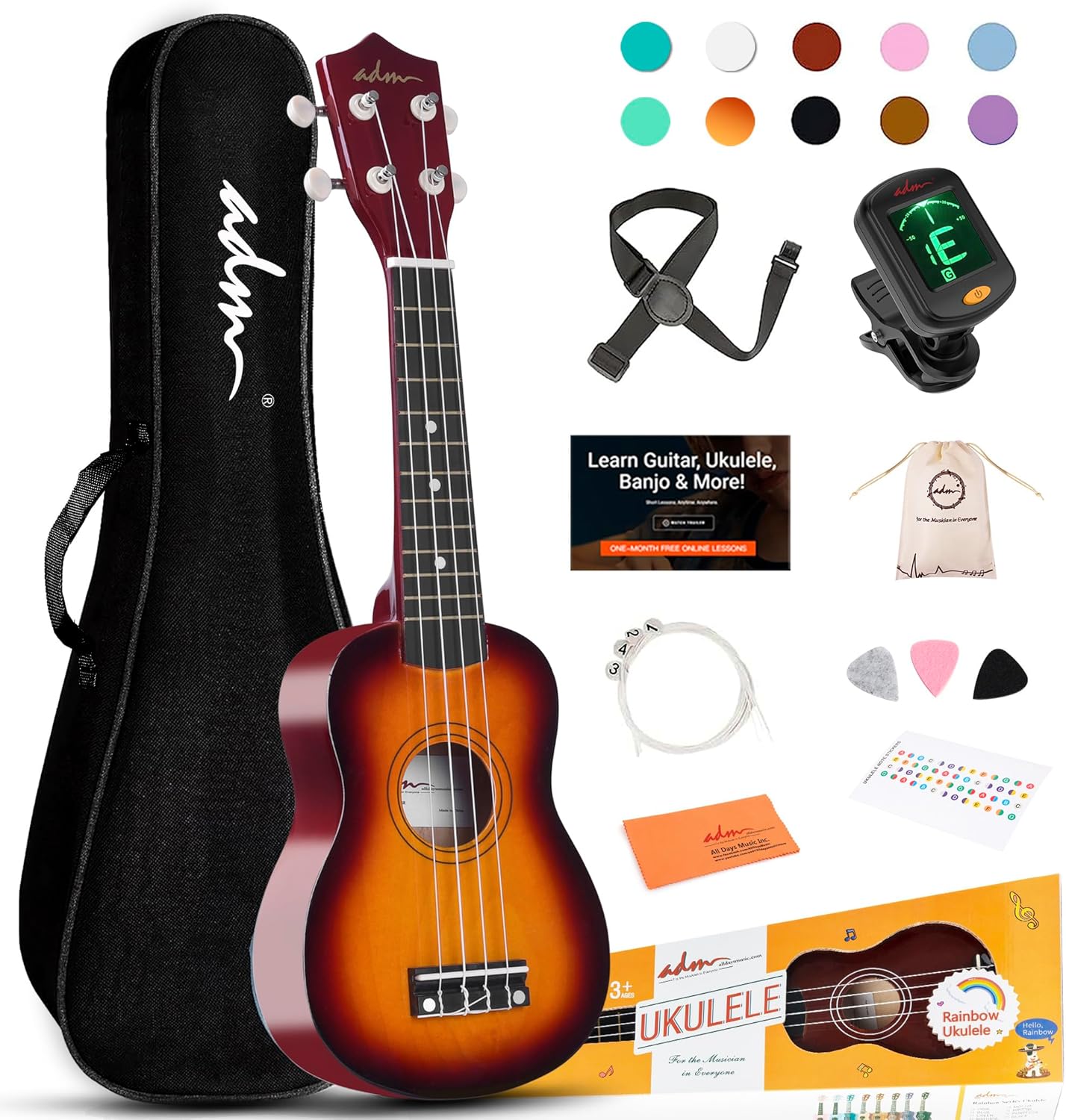 ADM Soprano Ukulele for Beginners 21 Inch Hawaiian Wood Ukelele Kit for Kids Adult Student Starter Professional Ukalelee Pack Bundle with Free Lessons Gig Bag Strap Nylon String Tuner Pick, Sunset ADM Soprano Ukulele for Beginners 21 Inch Hawaiian Wood Ukelele Kit for Kids Adult Student Starter Professional Ukalelee Pack Bundle with Free Lessons Gig Bag Strap Nylon String Tuner Pick, Sunset