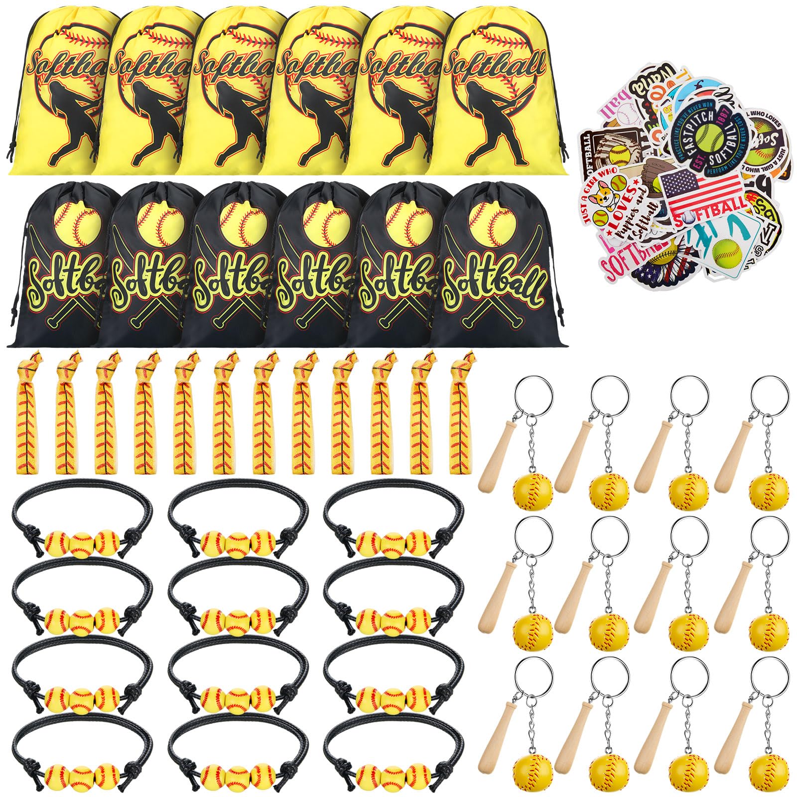 Jenaai 148 Pcs Softball Party Favors Include Drawstring Bags Charm Bracelets Keychain Hair Ties and Stickers, Softball Theme Gifts Party Favors for