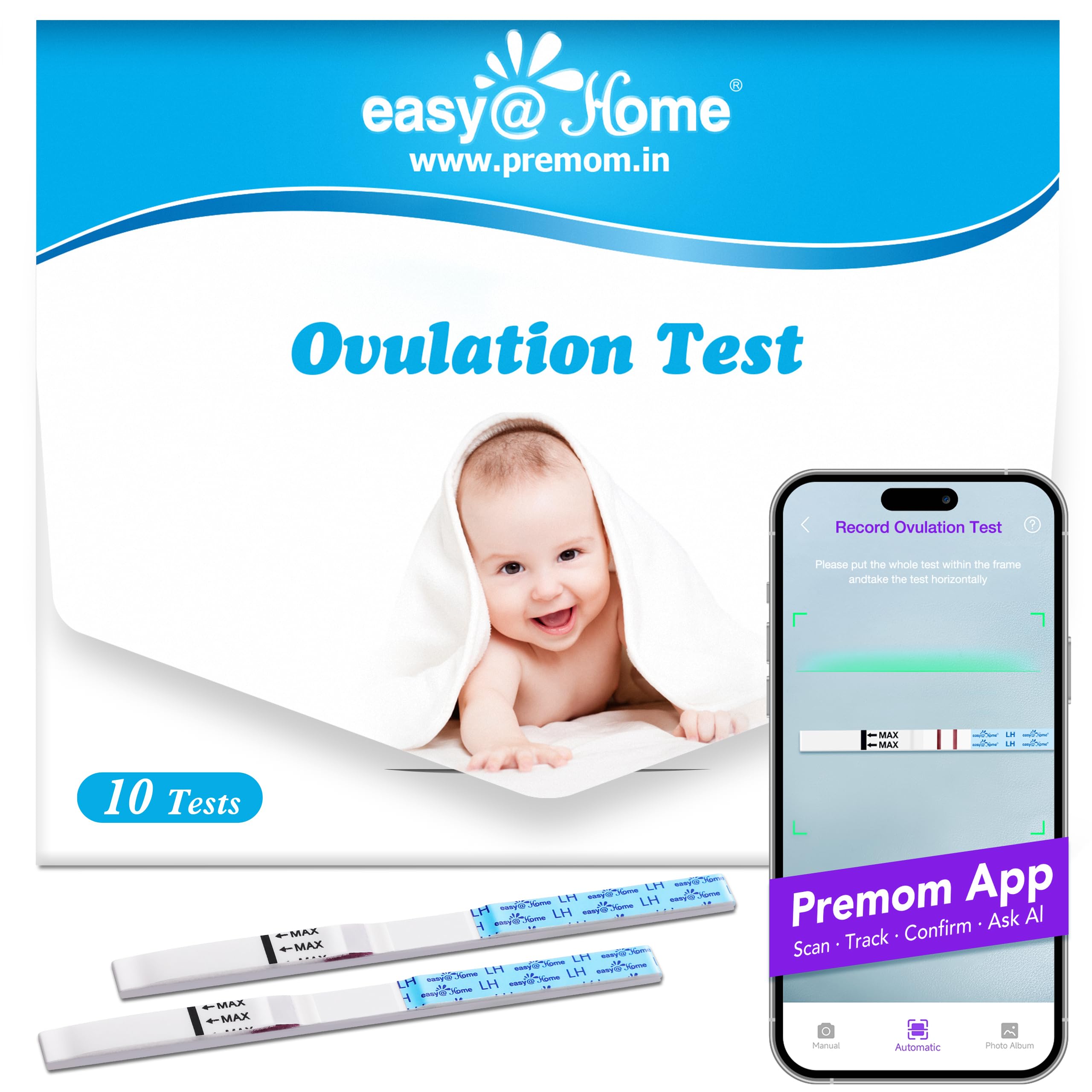 Easy@Home Ovulation Test Strips For Women, 10 Pack Fertility Tests, Ovulation Predictor Kit, Powered by Premom Ovulation Predictor iOS and Android App