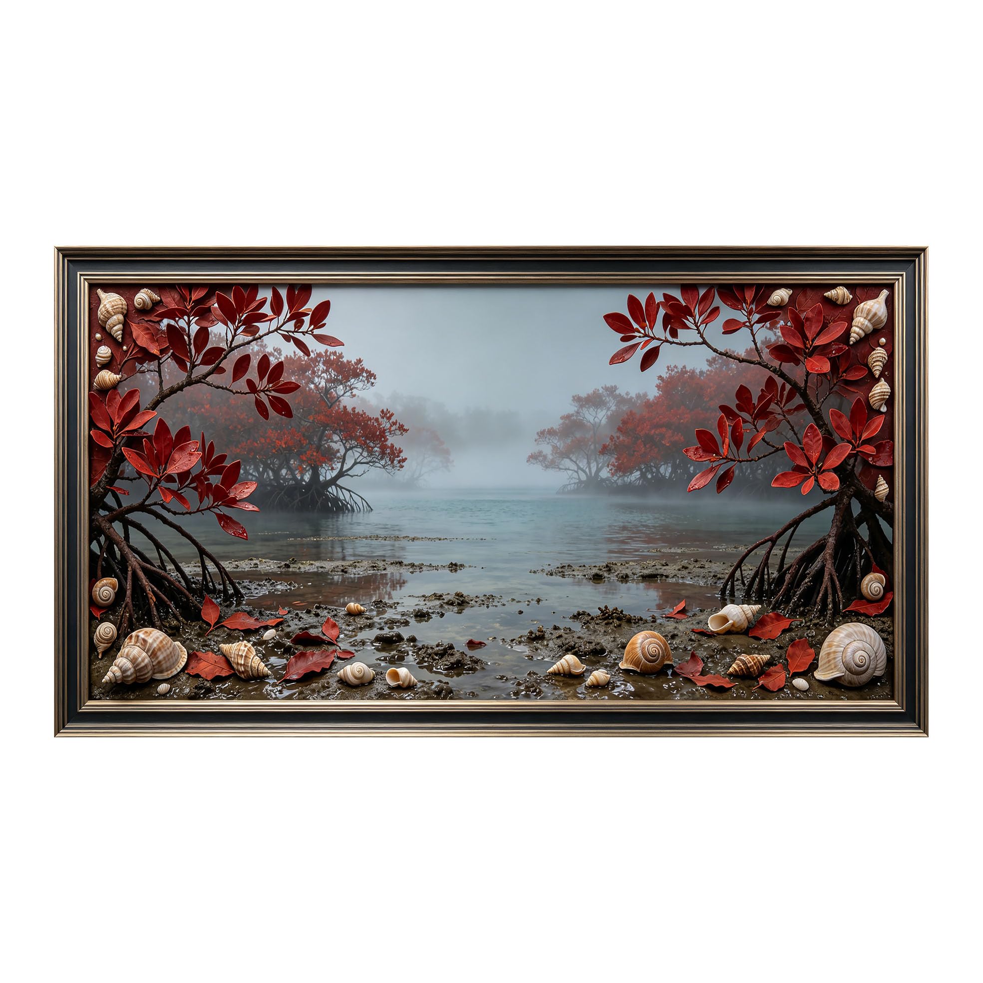 Yzpallescene 3D Framed Wall Art 50cm×100cm Red Mangrove Seascape Seashells Coastal Panoramic Large Size SelfAdhesive Removable Wall Decor Prints Artwork for Living Room Bedroom Office