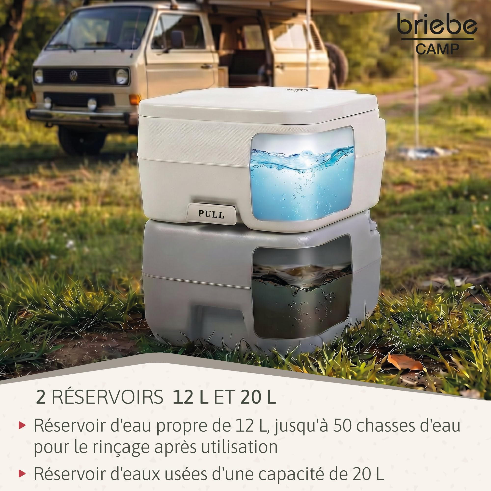 briebe Camp Toilette Portable WC Chimique pour Camping-Car, Bateau et Voyage, Réservoir d'eau, Pompe à Piston et Valve Anti-Odeur Facile à Nettoyer et à Vider,