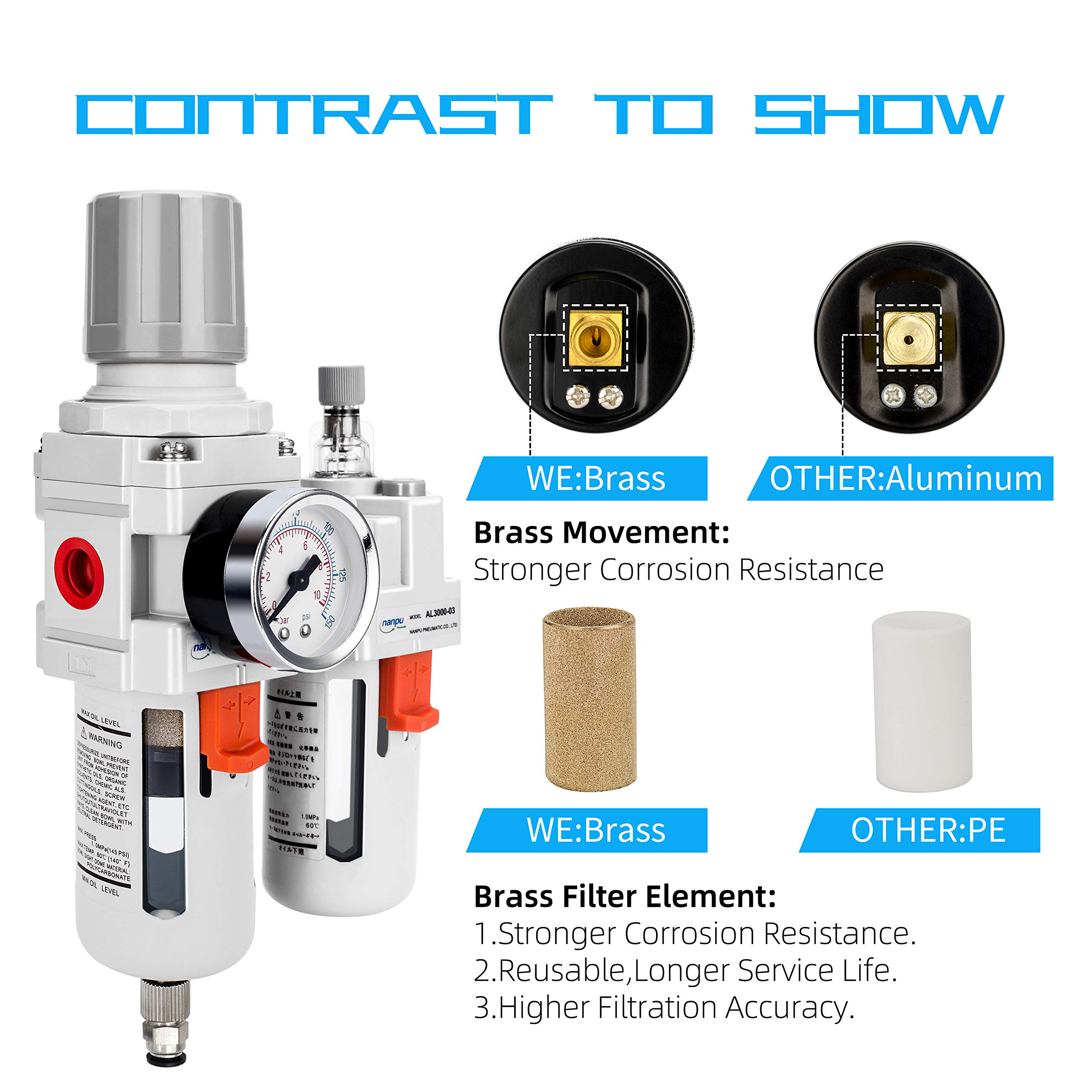 Filtro Regolatore Lubrificatore (FRL) 3/8 BSPP Per Aria Compressa - Con Manometro E Scarico Automatico - Foto 7