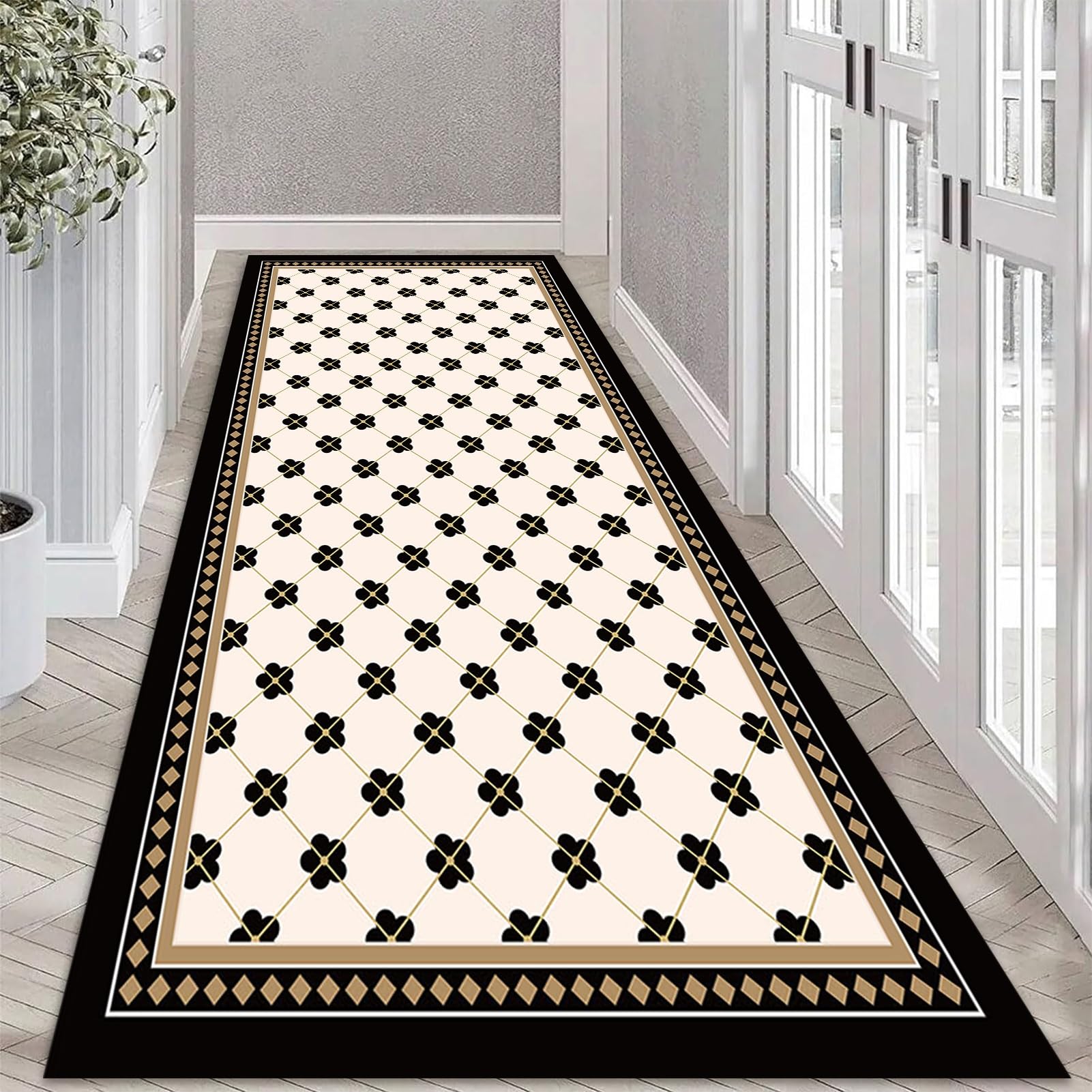 Tappeto moderno con bordo nero, per corridoio, con retro in gomma antiscivolo, per ingresso, soggiorno, camera da letto, corridoio, tappetino lavabile (80 x 300 cm)