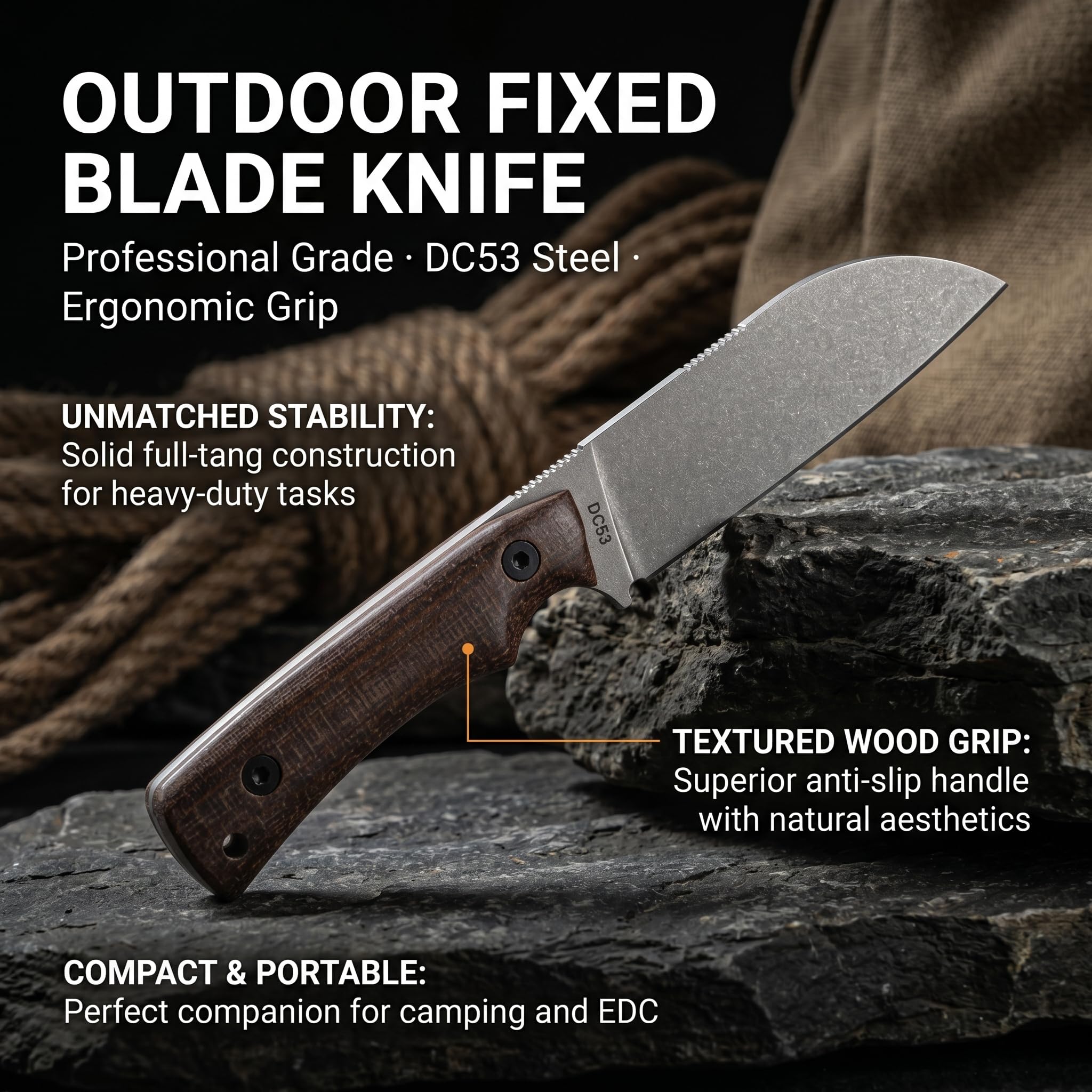 JEABROTHER Robustes Allzweckmesser aus DC53 Stahl mit Micarta Griff für Outdoor-Aktivitäten und Hausgebrauch
