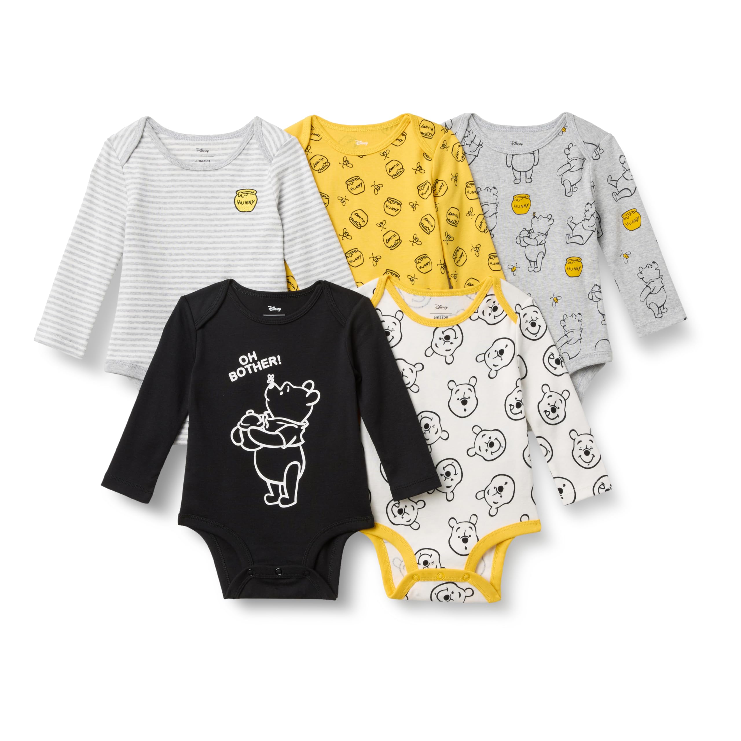 Amazon Essentials Disney | Marvel | Star Wars Unisex Babies' Long-Sleeve Bodysuits, Pack of 5, Winnie the Pooh Oh Bother, 24 Months