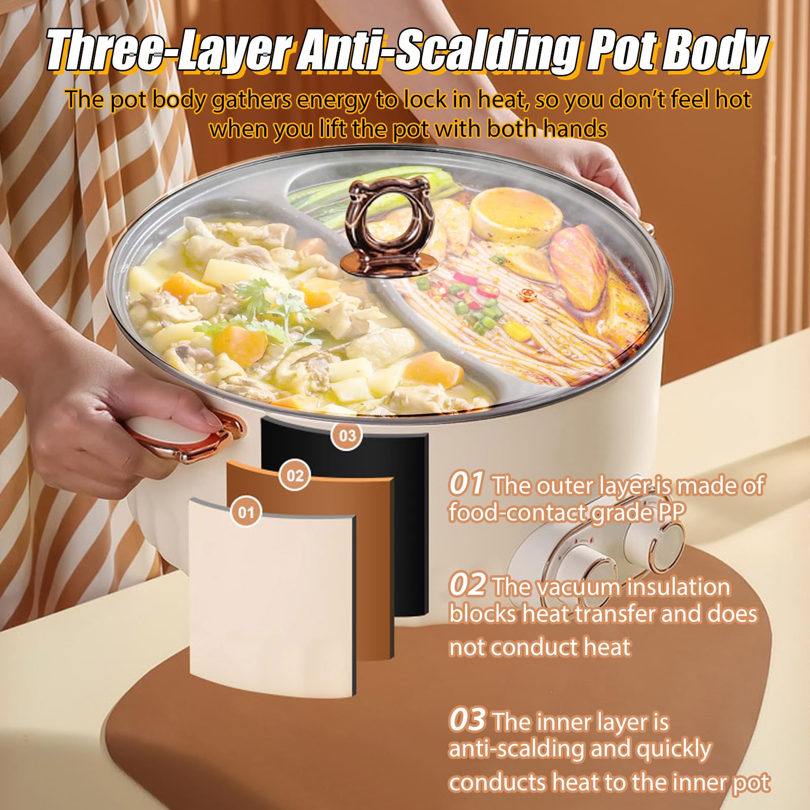 6L Hot Pot Électrique, 2000W Multifonctionnel Portable Marmite Électrique, Double Interrupteur de Commande Coupure Automatique pour Dortoir, Camping et Maison