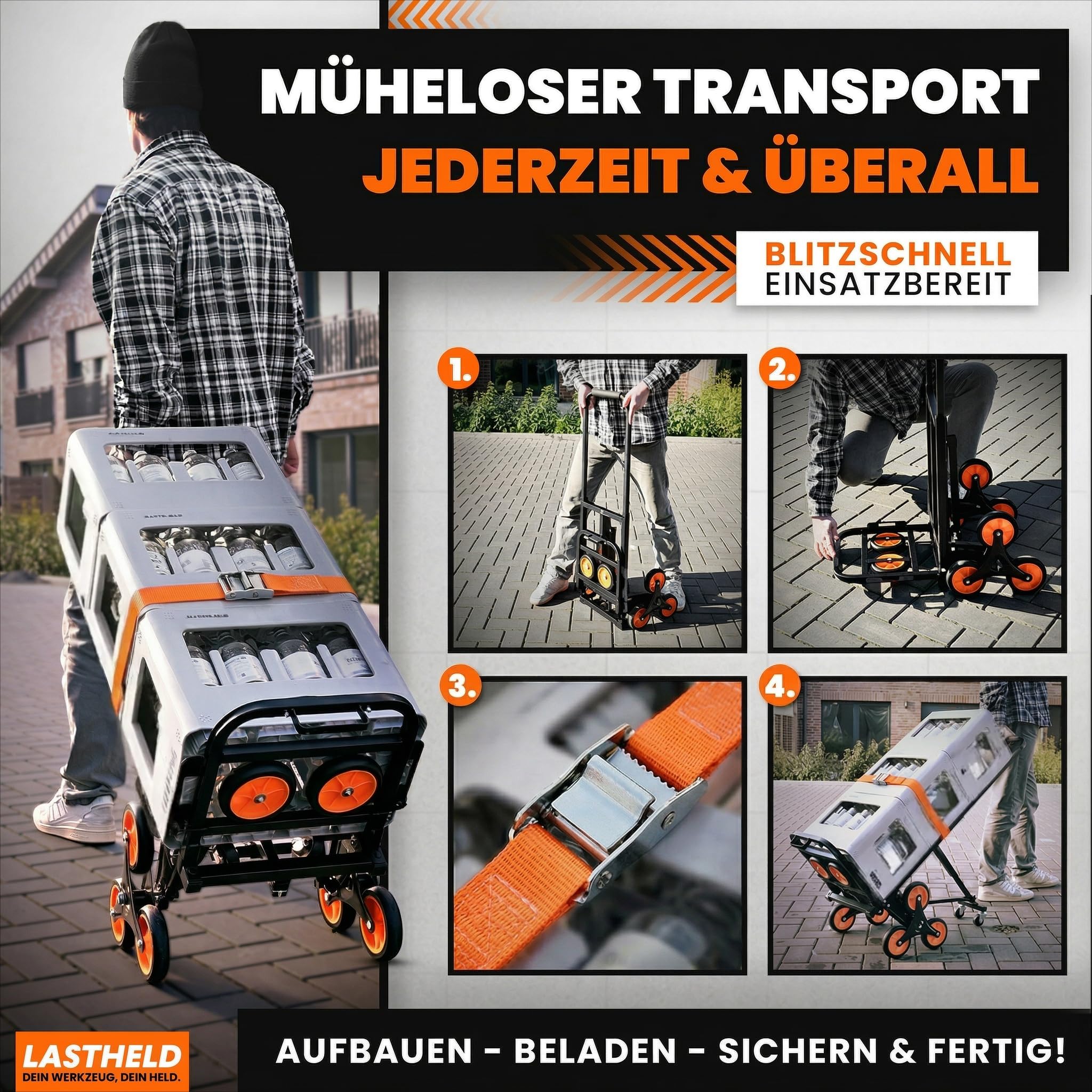 LASTHELD Sackkarre klappbar Treppensteiger | Treppensackkarre Transportkarre 2-in-1 | Treppenkarre Transportwagen Sackrodel Stapelkarre Treppenwagen faltbar | Stahl 150 kg