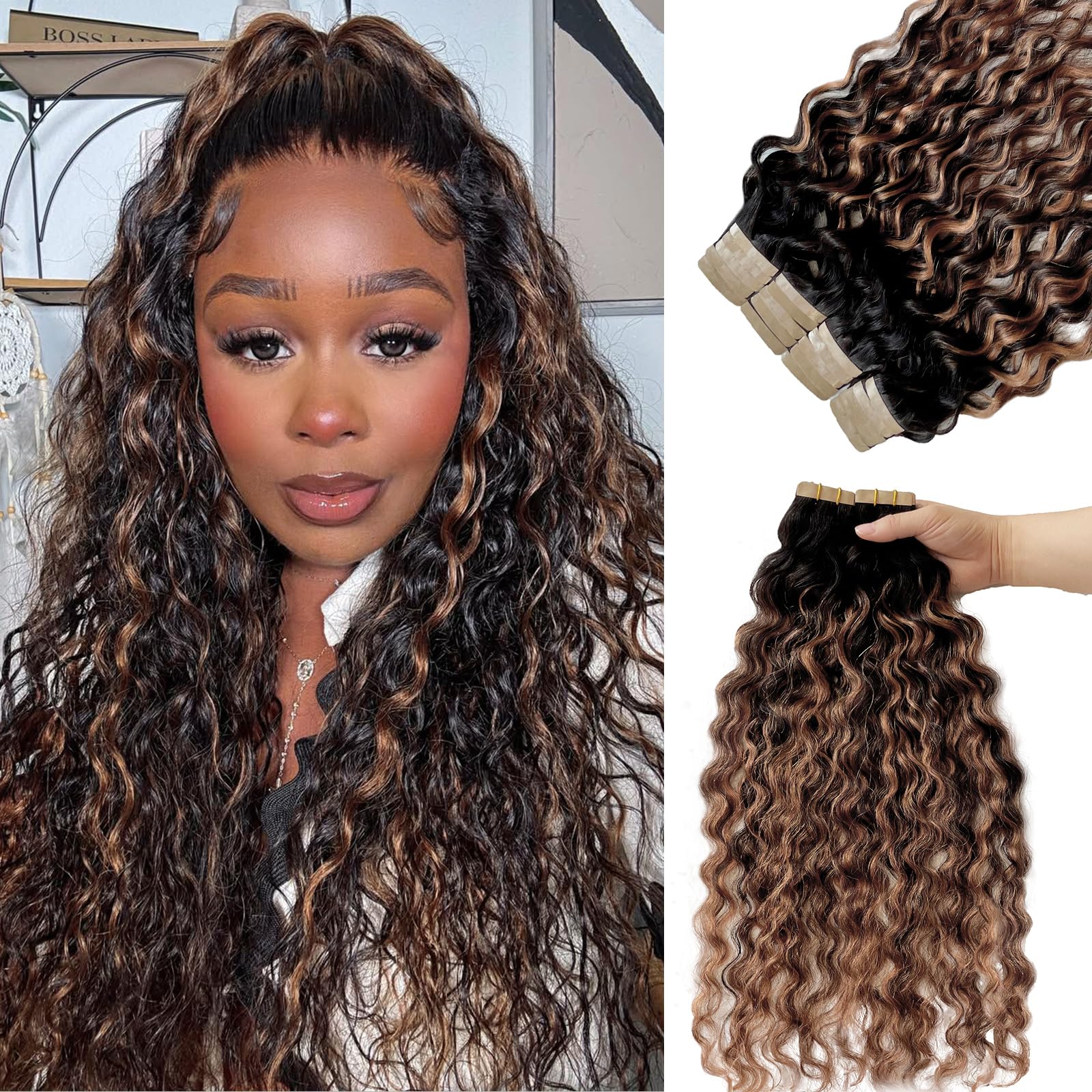 Photo 1 of 18 Inch Tape in Hair Extensions Human Hair, Water Wave Ash Brown Highlight Blonde Hair Extensions Tape in Invisible PU Skin Weft Human Hair Silky Double Sided 50g 20pcs