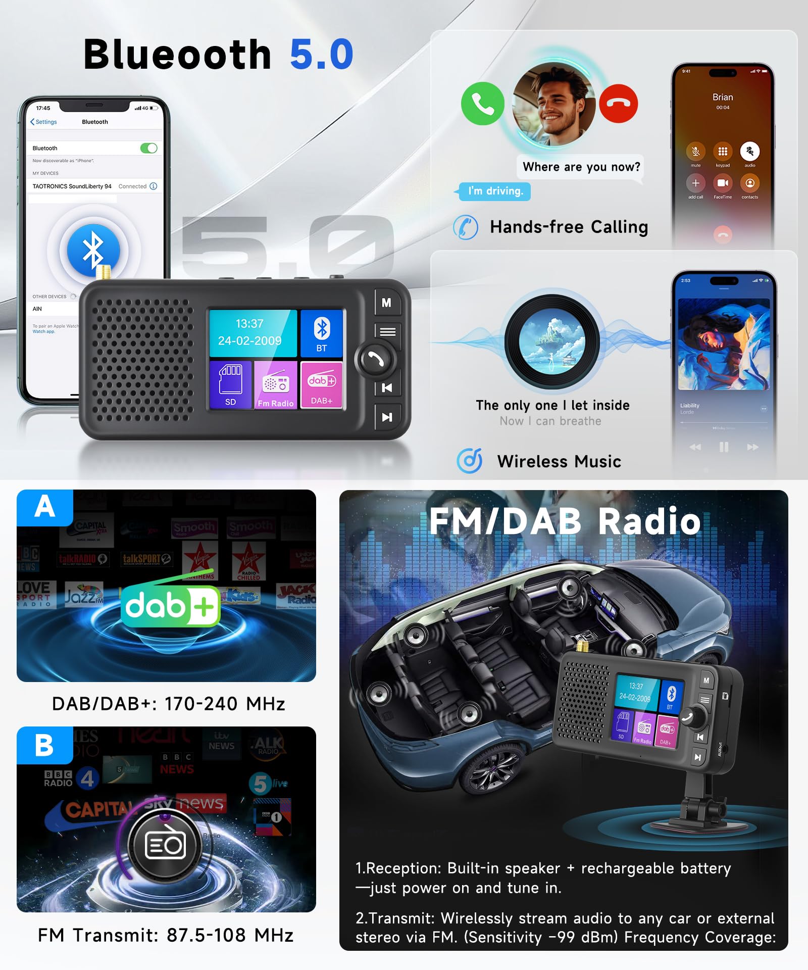 VECHTEL DAB+ Digitalradio mit Bluetooth und 1500mAh Wiederaufladbare Batterie, Tragbares Digitalradio mit 2,4 Zoll LCD Farbdisplay, Tragbares DAB+ Radio Unterstützt FM-Transmitter Bluetooth TF AUX