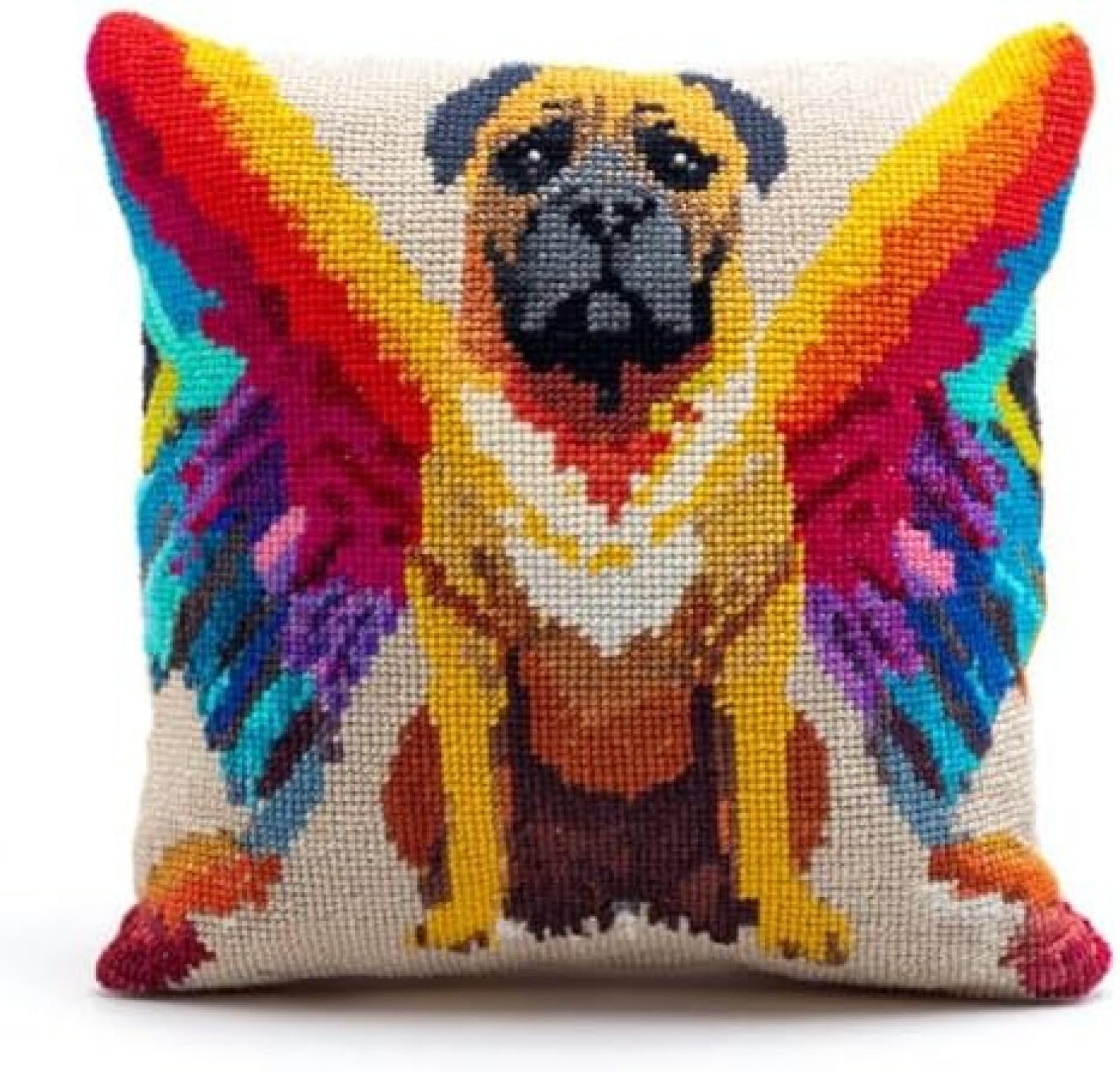 kitphoenix Latch Hook Pillow Cover Kit for Adults Beginners,Bullmastiff Dog Colorful Angel Wing,DIY Cushion Cover Craft Set with Pre-Printed Canvas,Yarn and Crochet Hook