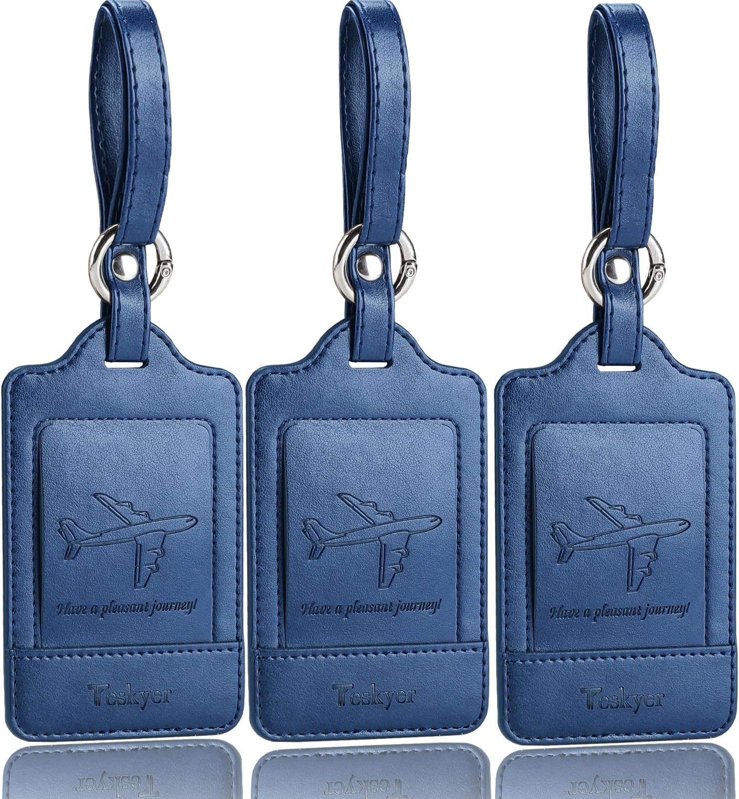 3 Pack Luggage Tags - Quick Install, Privacy Protection, Airplane Travel Essentials for Suitcases, Durable Leather - Blue
