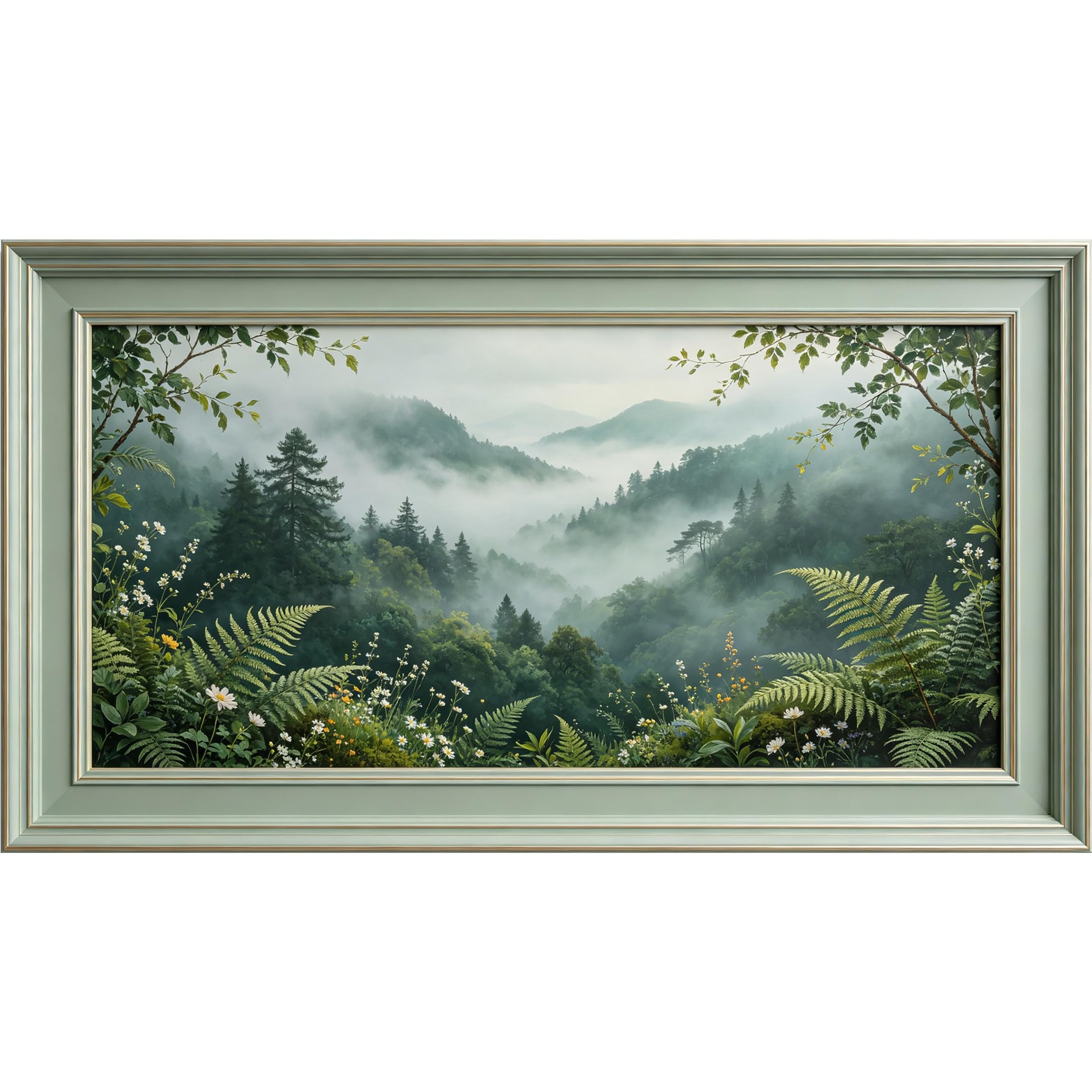 QZLITHOTIC 50x90cm3D Framed Wall Art， Misty Mountain Forest Landscape Botanical Self‑Adhesive Mural， Water‑Activated Peel & Stick Fabric Decor Wall Decal for Bedroom Living Room