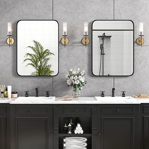 Miniatura 5 de Tangkula Espejo rectangular de baño, espejo de pared con marco de metal de 24 x 32 pulgadas con tornillos de expansión, reflejo HD, película a