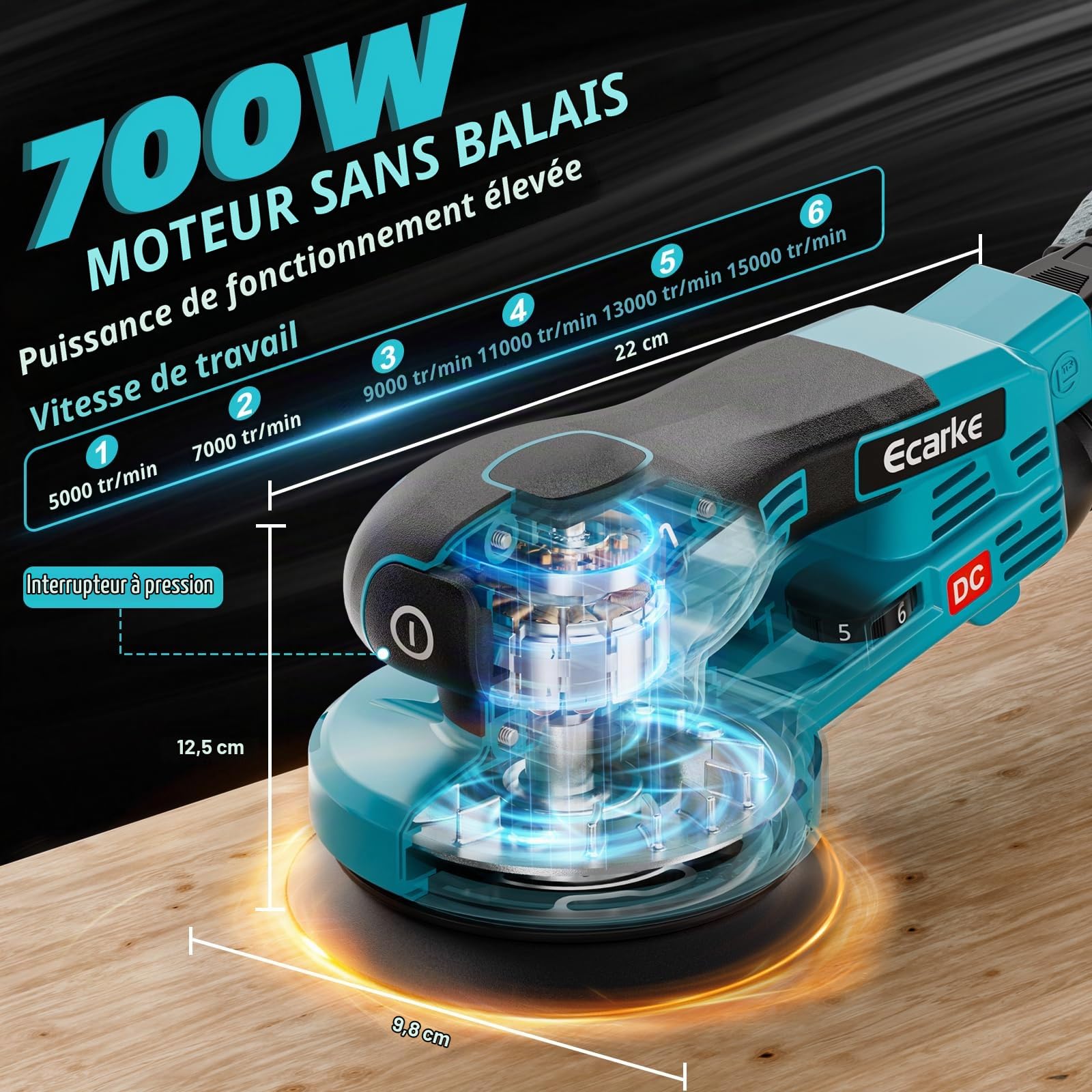 Ecarke Ponceuse Excentrique Sans Fil 125 mm,Compatible avec Makita 18V, 15000 tr/min, 6 Vitesses Réglables, avec Sac à Poussière & 20 Disques Abrasifs, pour Cirer, Dérrouiller(Outils Uniquement)