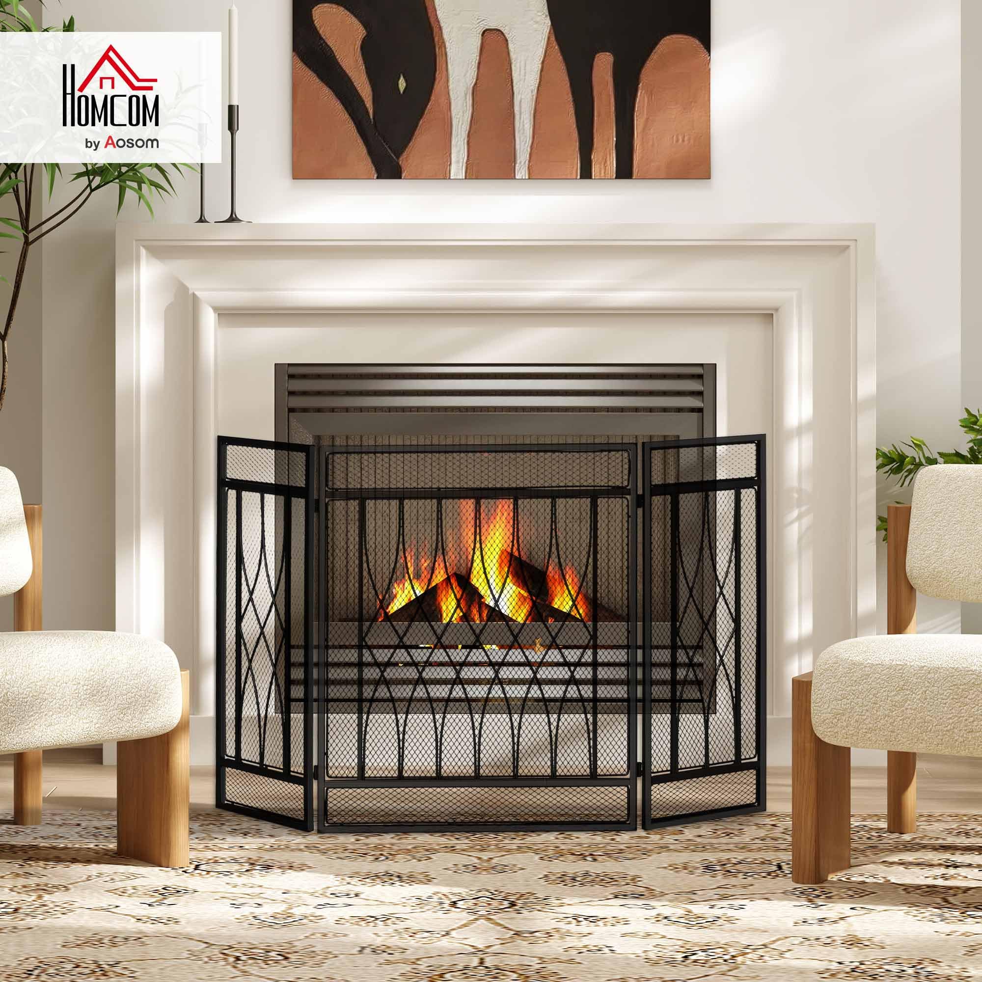 HOMCOM Grille de Protection pour Cheminée Pare-feu Large 3 Volets Pliables Métal Noir