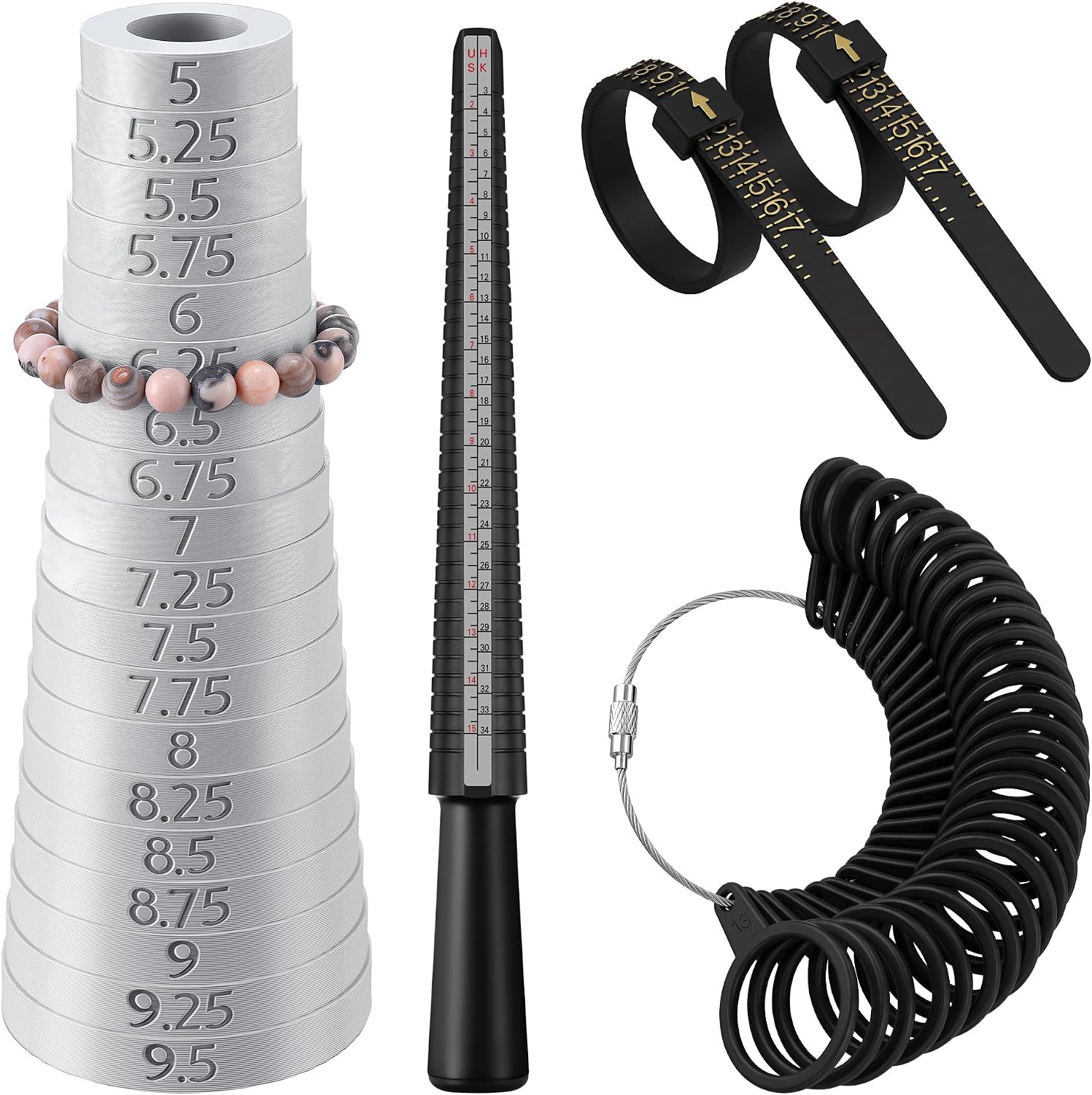 HappyAlley Bracelet Sizer Mandrel & Ring Size Measuring Tool Kit with Ring Mandrel Measurer, Finger Sizers for Measuring, 2 Pcs Finger Measurers US Sizer 1-17(Black,Plastic,Standard)