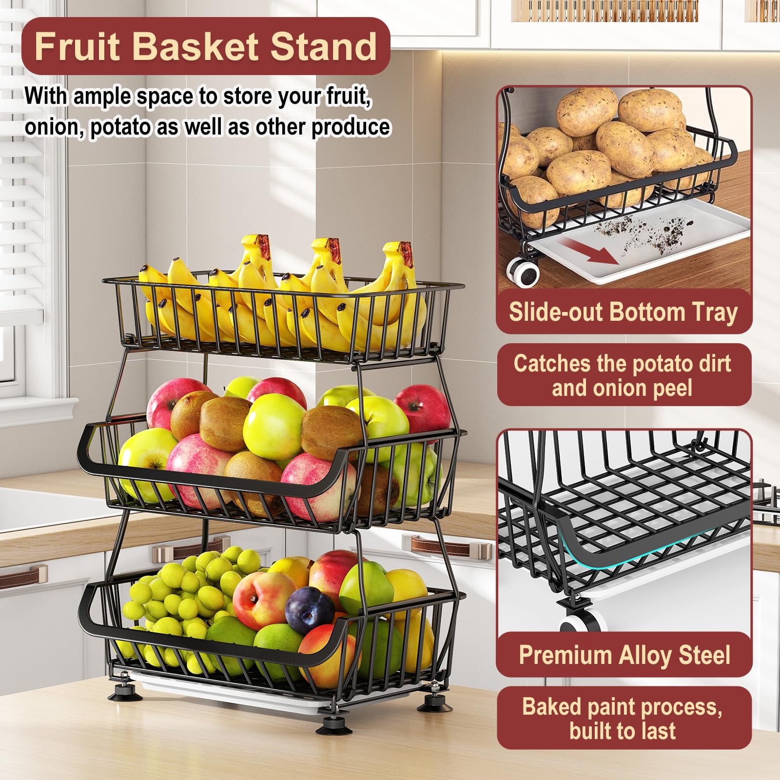 Carrito de despensa rodante de 3 niveles con ruedas, organizador de piso de almacenamiento de alambre apilable para estantes de cocina, despensa, soporte de cesta de frutas, estante de