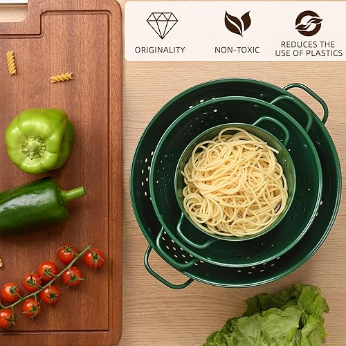 Miniatura 4 de Juego de 3 coladores de metal, cesta coladora con asas, perfecto para espaguetis, pasta, bayas, verduras, frutas, base sólida con recubrimiento en