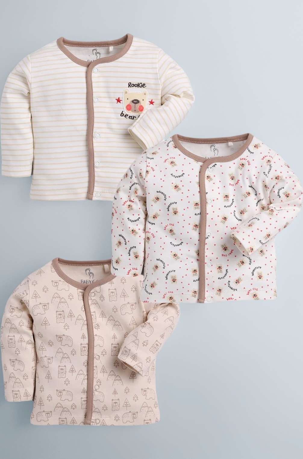 Baby GO Cotton Full Sleeve Regular Round Neck Front Open Pack of 3 Tees for Baby Boy's Clothing Set