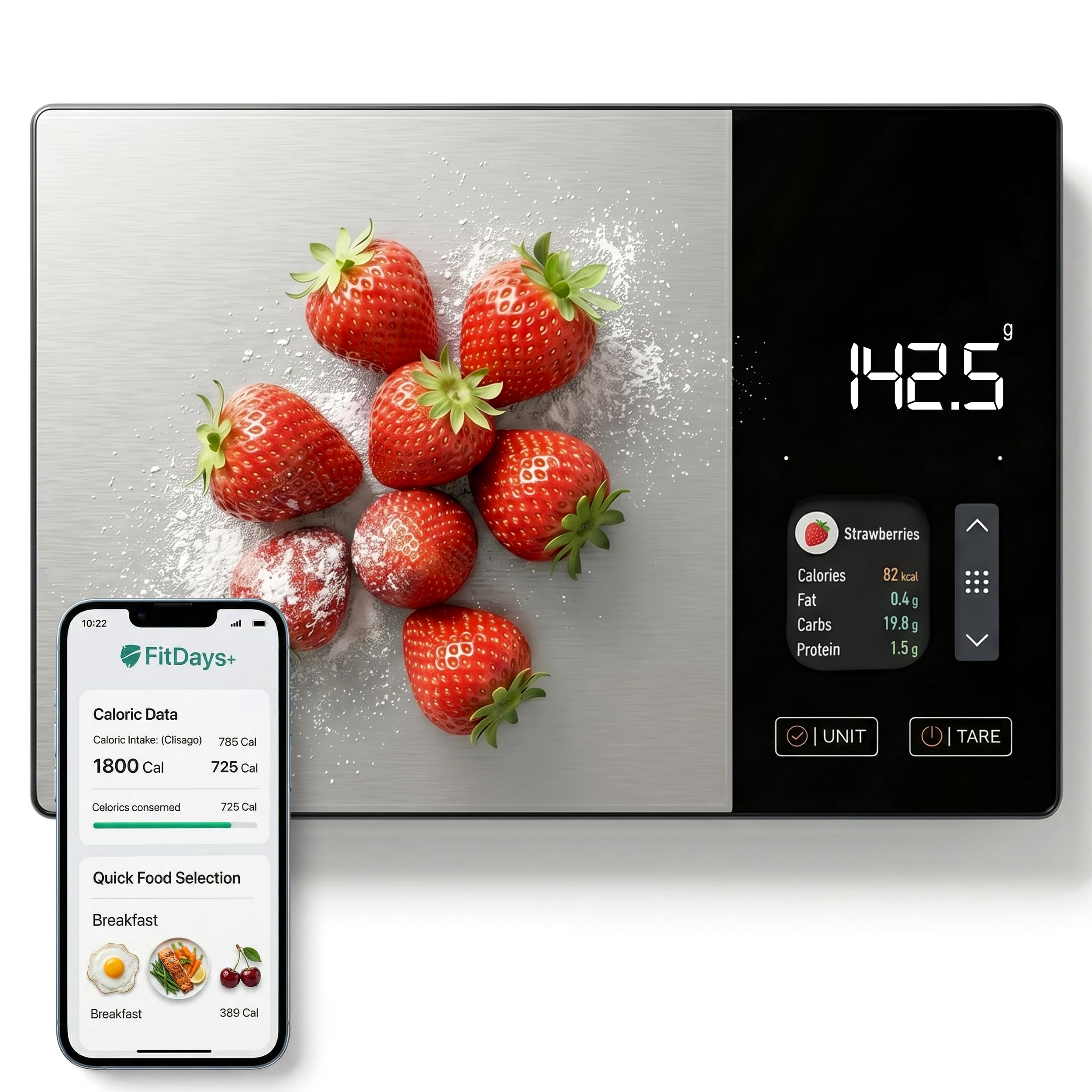Balance Cuisine Alimentaire Calcul Calories Protéines Glucides Lipide | Balance de Cuisine Nutritionnelle Précision 1g | Écran TFT Couleur, 50+ Aliments Intégrés, App Fitdays+ iOS/Android