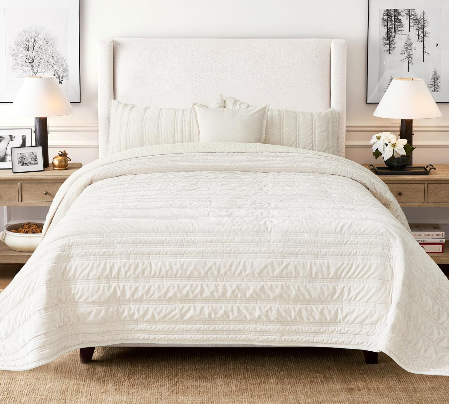 3 Pieces Luxurious Velvet Oversized King Quilts Set 120x128 Ruched Bedspread Coverlet Quilted Bedding Set with 2 Pillow Shams 20x36 Ultra Soft Comforter for All Season, Cream White