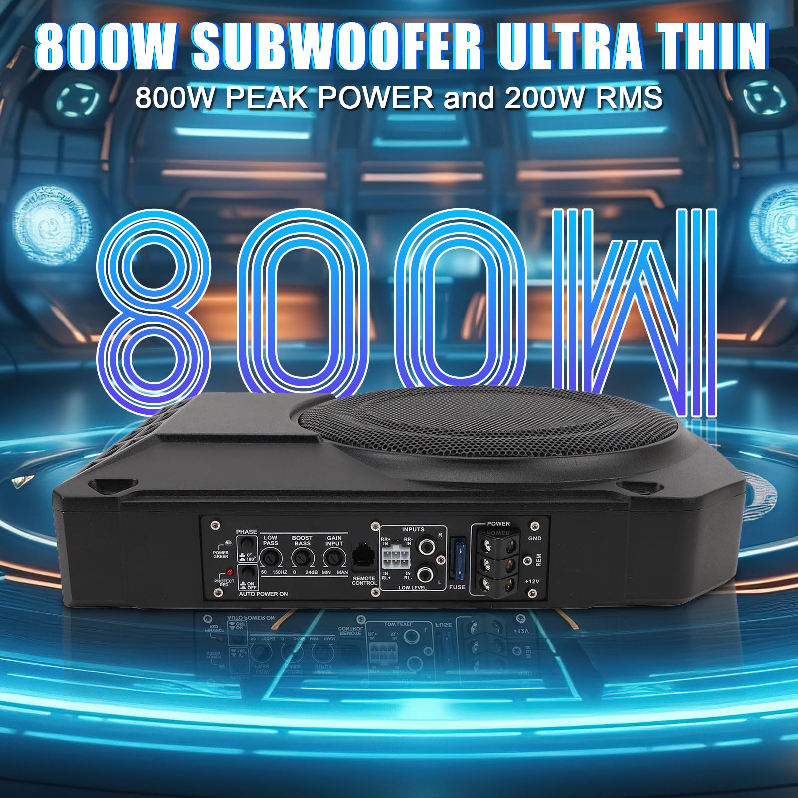 Altavoz de Graves Activo para vehículos, Caja de Graves Activa bajo Asiento de 10 Pulgadas, Ultrafina, 800 W, 2,5 ohmios, con Controlador para de Audio de vehículo