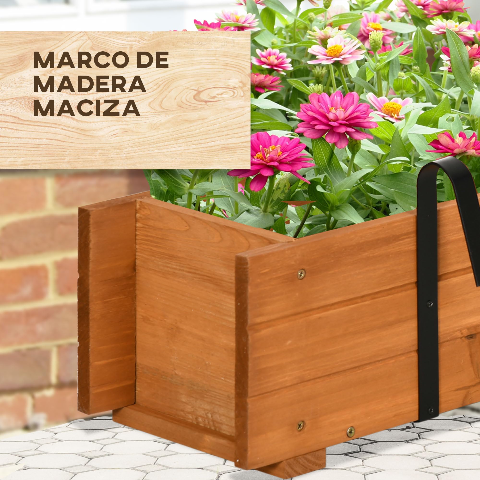Outsunny Arriate de Madera de Suelo o Pared Jardinera Rectangular Huerto Urbano con 2 Orificios de Drenaje y 2 Ganchos para Cultivos Plantas Flores en Balcón Jardín Terraza 91x18x16,5 cm Natural