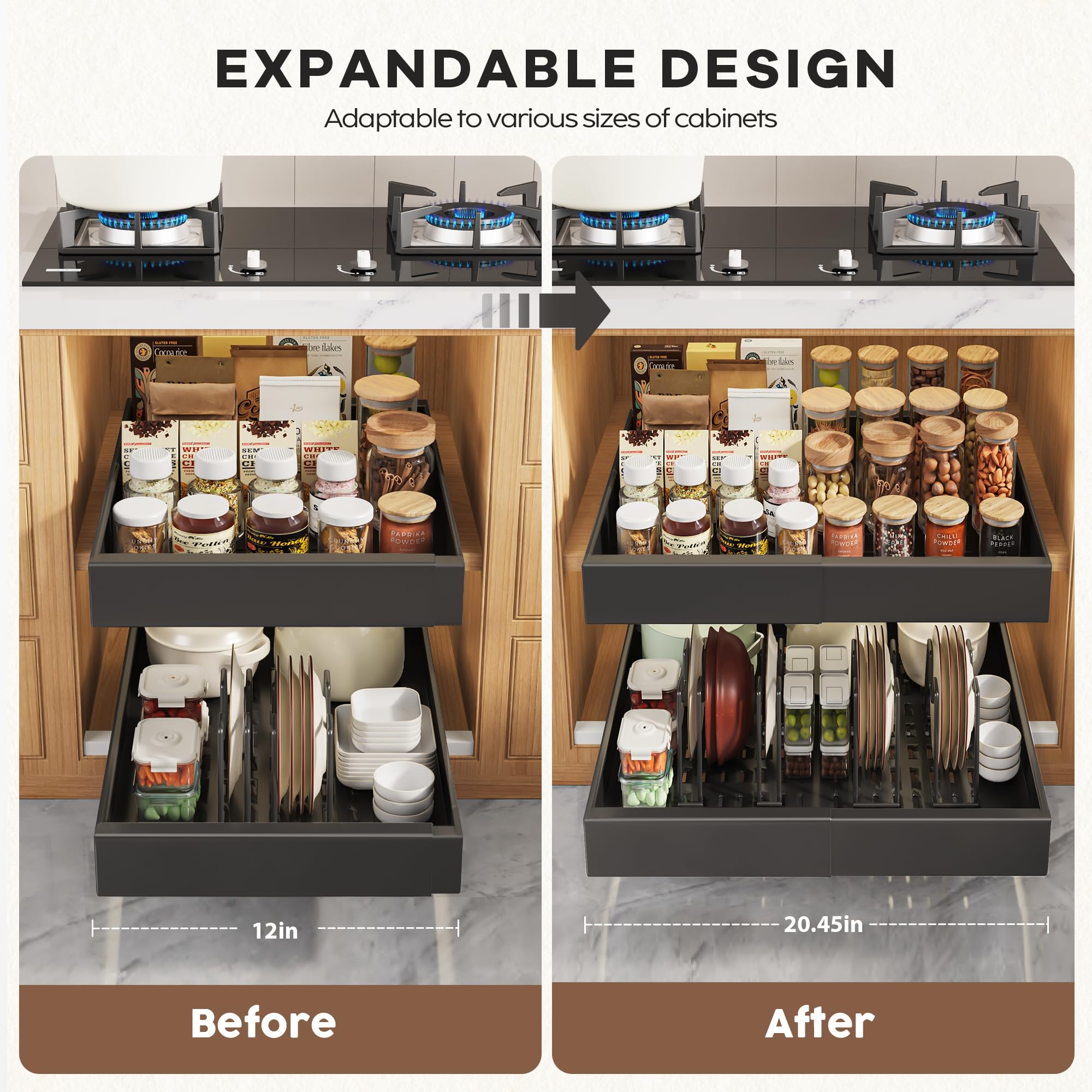 Bifixia 4-Pack Expandable Cabinet Organizer - Pull-Out Drawers, Adjustable Width, Fits 21" Deep Cabinets - View #5