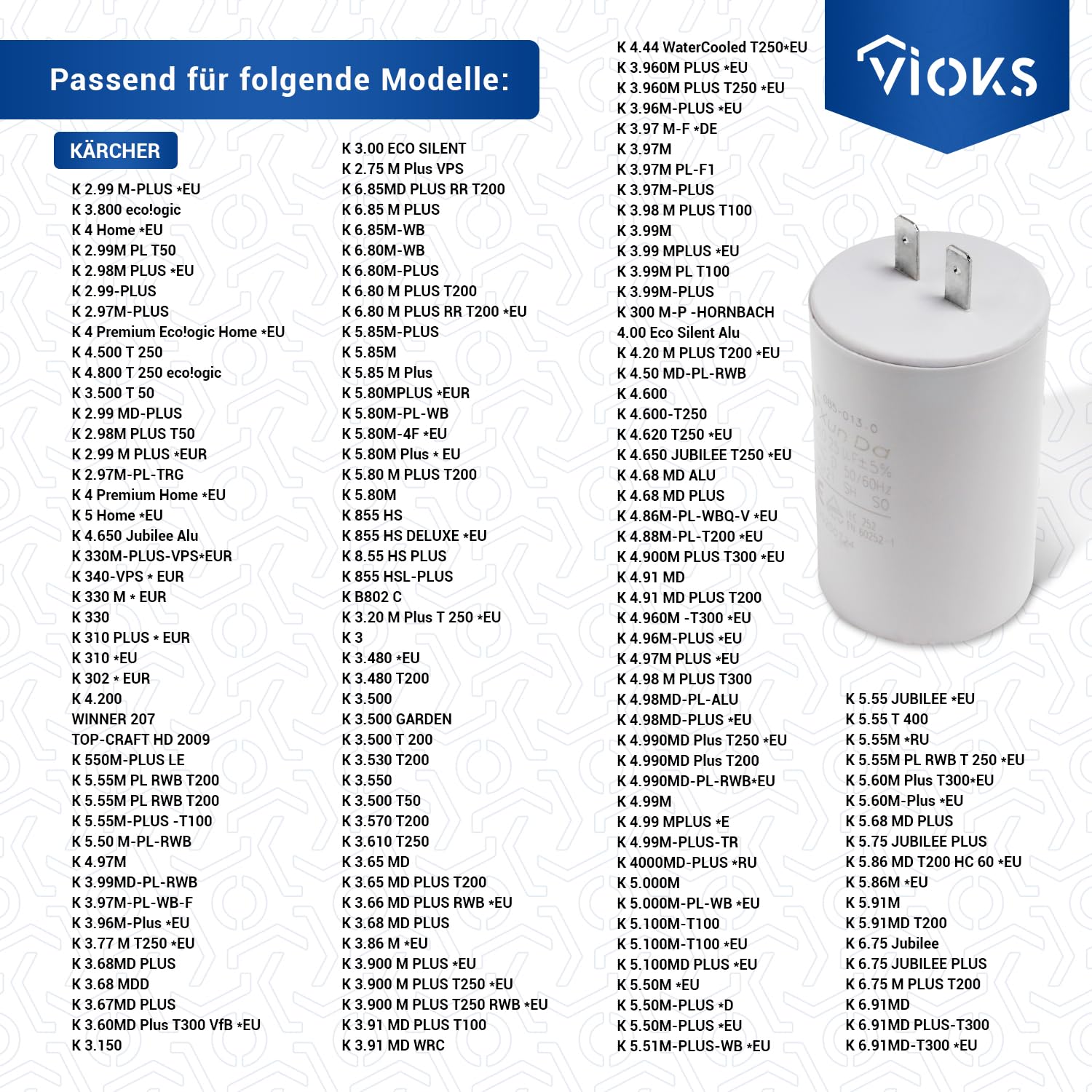 VIOKS Kondensator silnikowy 25µF 500 V zamiennik do Kärcher 9.085-013.0 | Kondensator, CBB60 25 500 VAC, do myjki wysokociśnieniowej K2