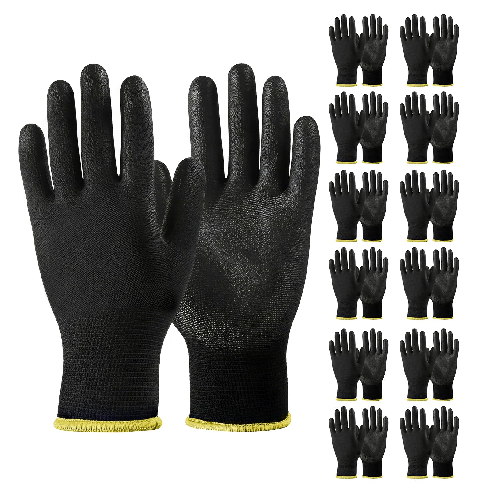 AMFUN Pack of 12 Safety Gloves, Polyester PU Black Work Gloves, Dexterity Firm Grip Protective Working Gloves For General Duty Work (Pack of 12 Pairs, M)
