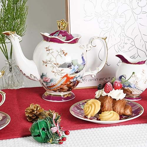Miniatura 9 de ACMLIFE Juego de té de porcelana de hueso para adultos con tetera, juegos de fiesta de té de porcelana, 21 piezas, juego de té de porcelana fina