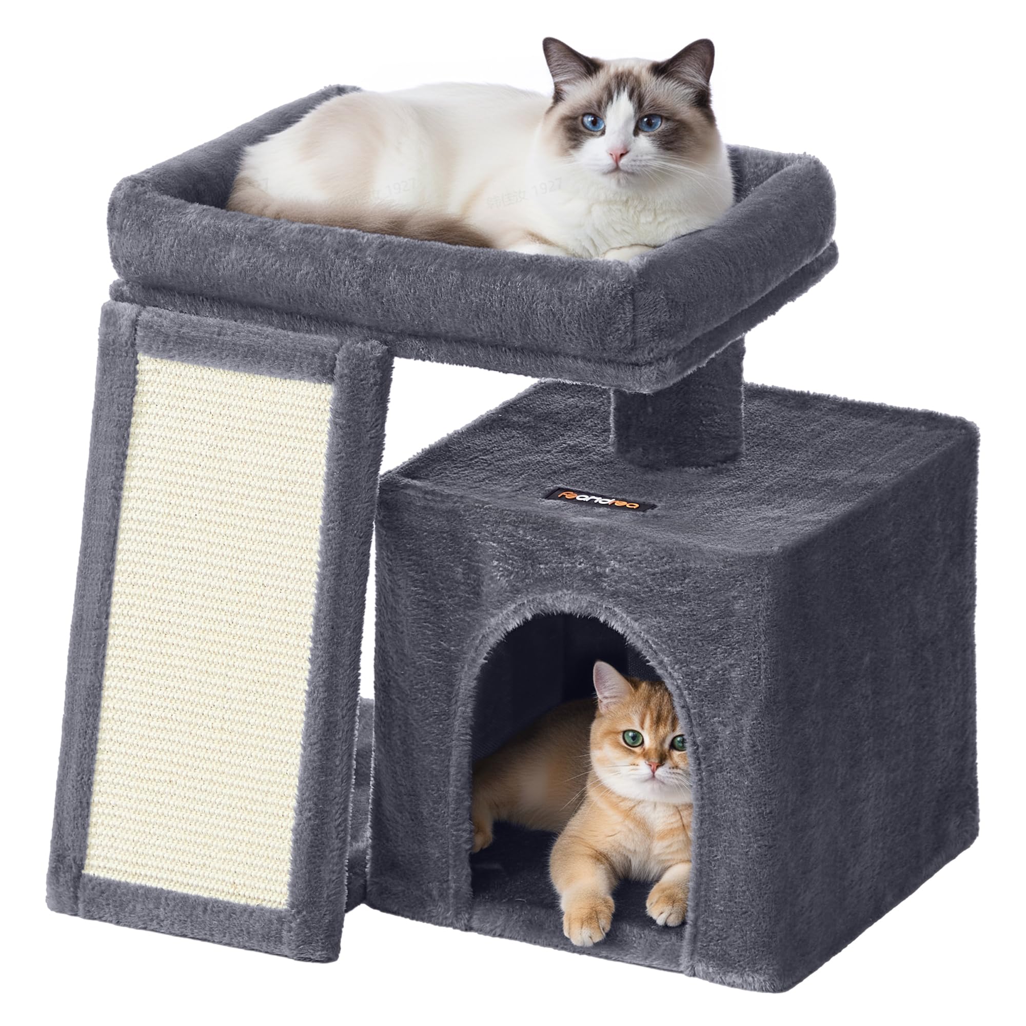 Feandrea Albero per Gatti Piccolo, Torre Tiragraffi per Gatti con Casetta, Rampa Graffiatoio Grande, Cuccia Superiore, Grotta, Alto 44,6 cm, Grigio Scuro PCT010GS01