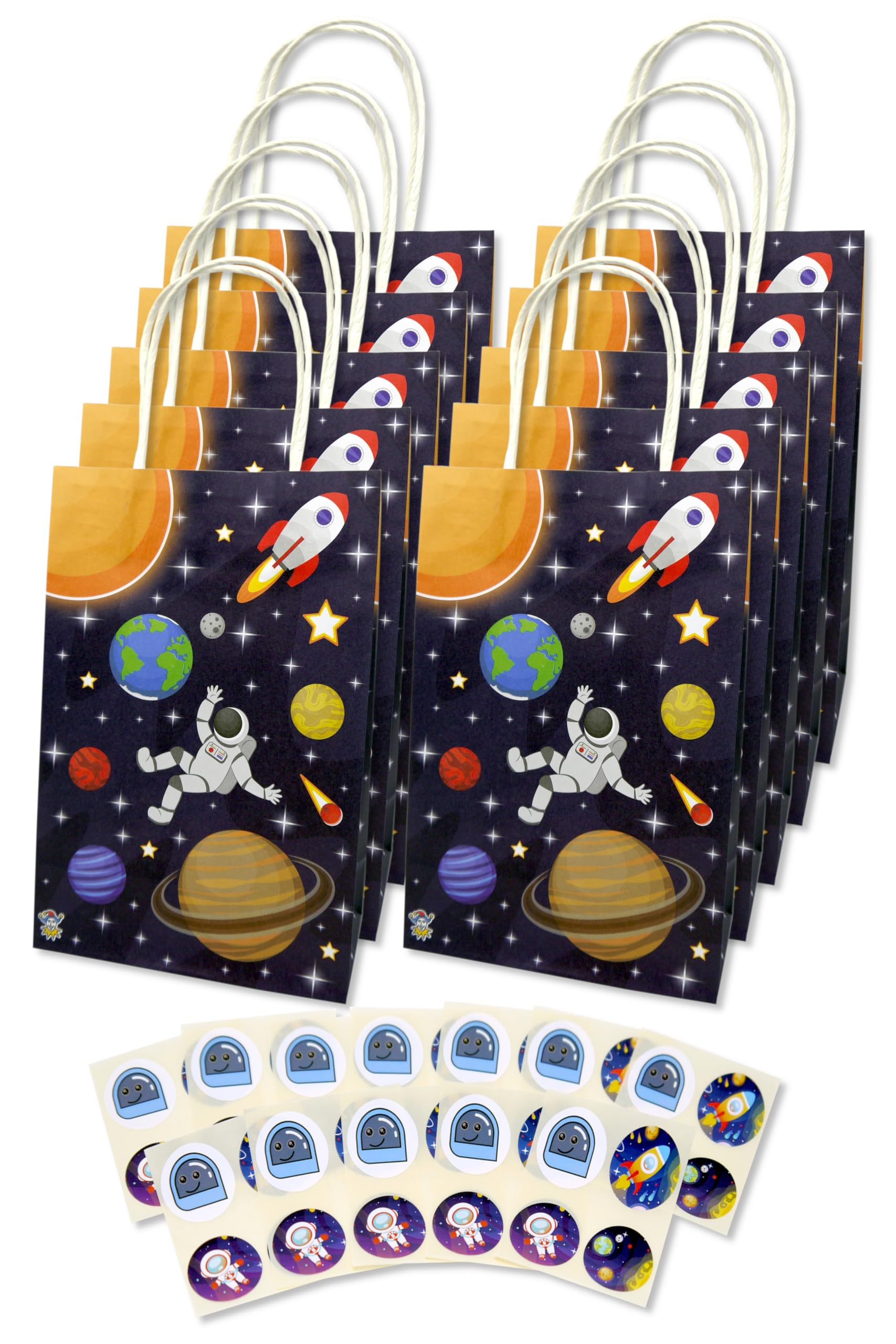 Anila's 12 Space Party Bags with Handles and 12 sheets of Anila's themed Space stickers. (Ideal for Children Aged 3-8)