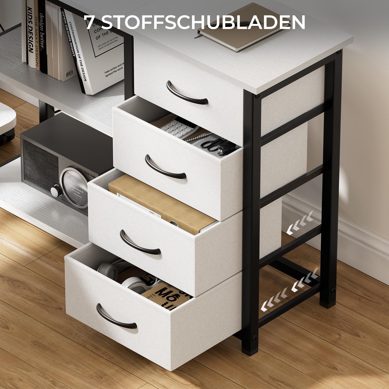 Schreibtisch L-Form 200 x 146 cm mit LED, Steckdose & Schubladen, Weiß