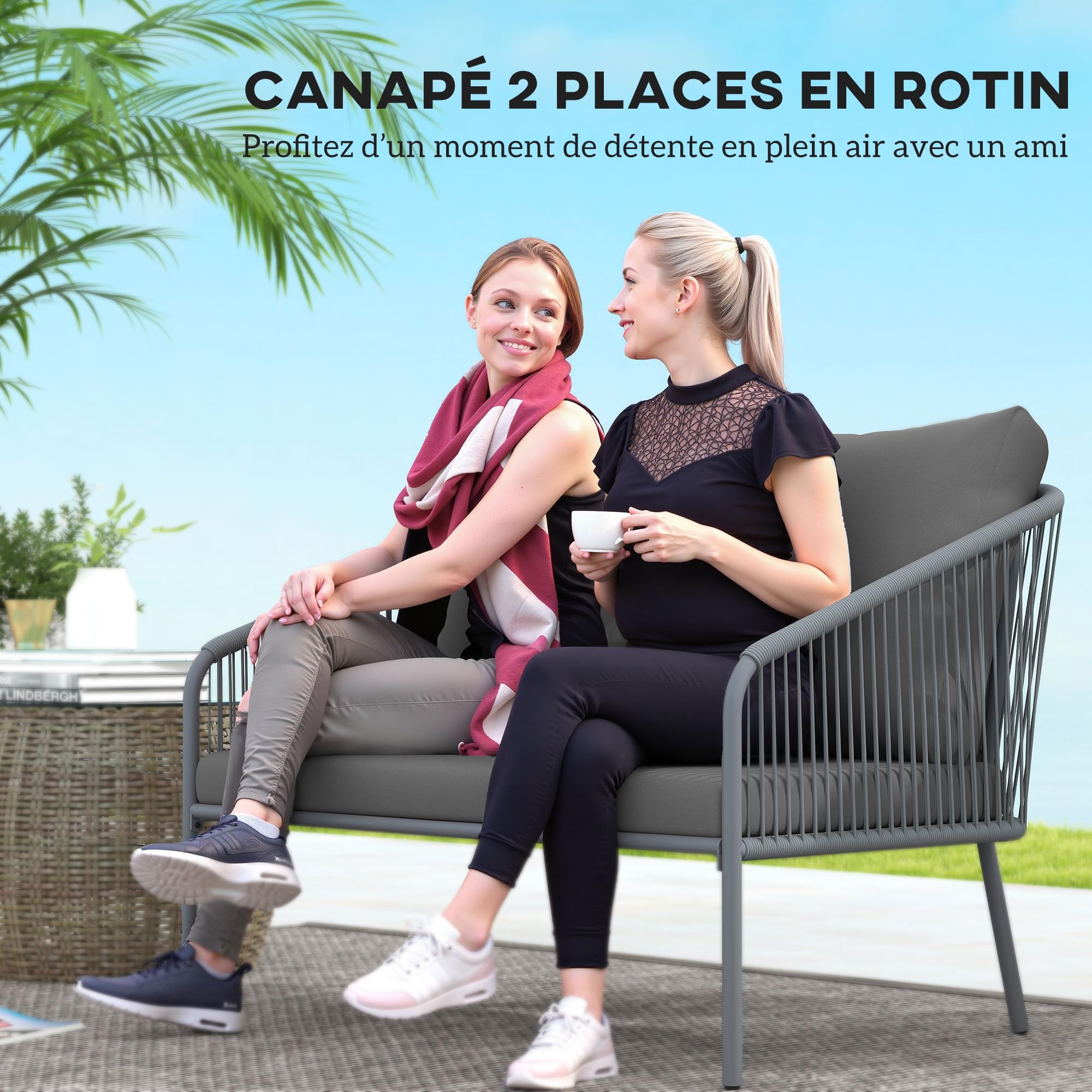 Outsunny Sofá Jardín con Cojines 2 Plazas Exterior 112x72x76 cm Gris | Sofá de ratán para balcón, muebles de patio de polirratán