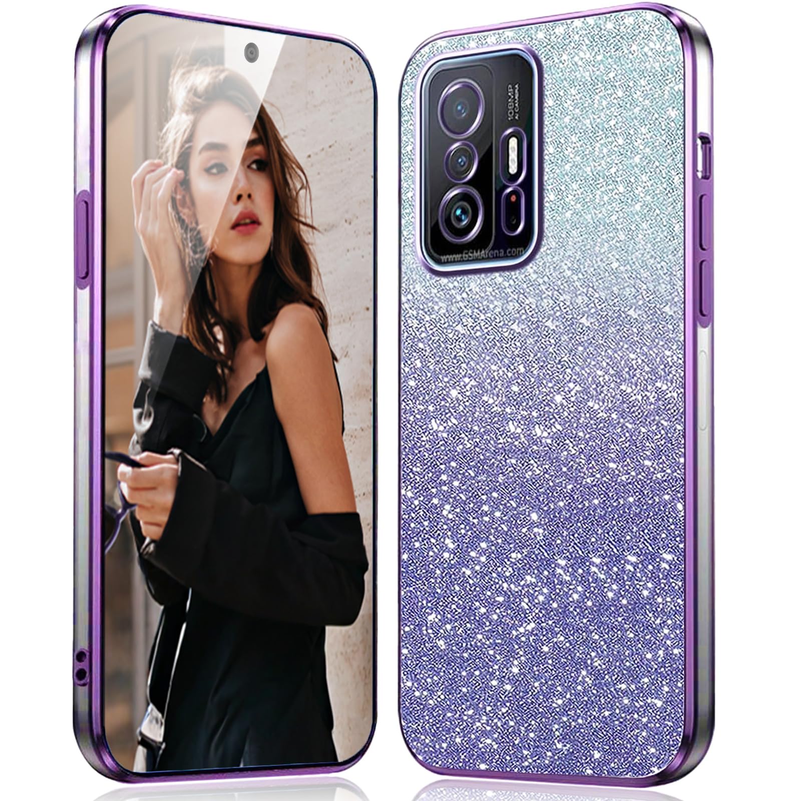 GOKEN Handyhülle Für Xiaomi 11T Pro/11T – Stoßfest, Mit Glitzerkarte & Elektrifizierten Kanten In Rosa
