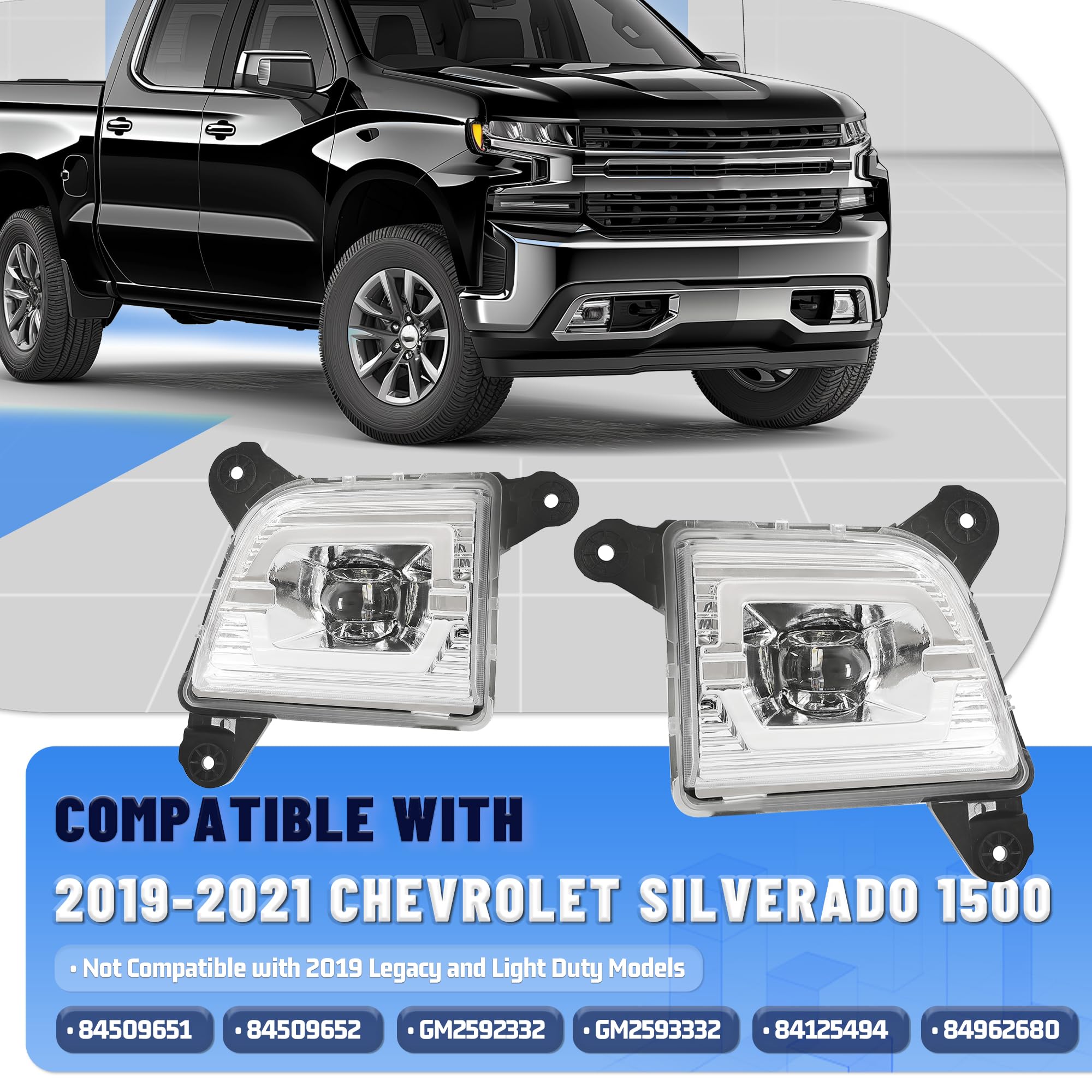 KUAFU LED Fog Lights Assembly Compatible with 2019-2021 Chevy Chevrolet Silverado 1500 Replacement for 84509651 84509652 Bumper Driving Fog Lamps Driver and Passenger Side Clear Lens & Chrome Housing