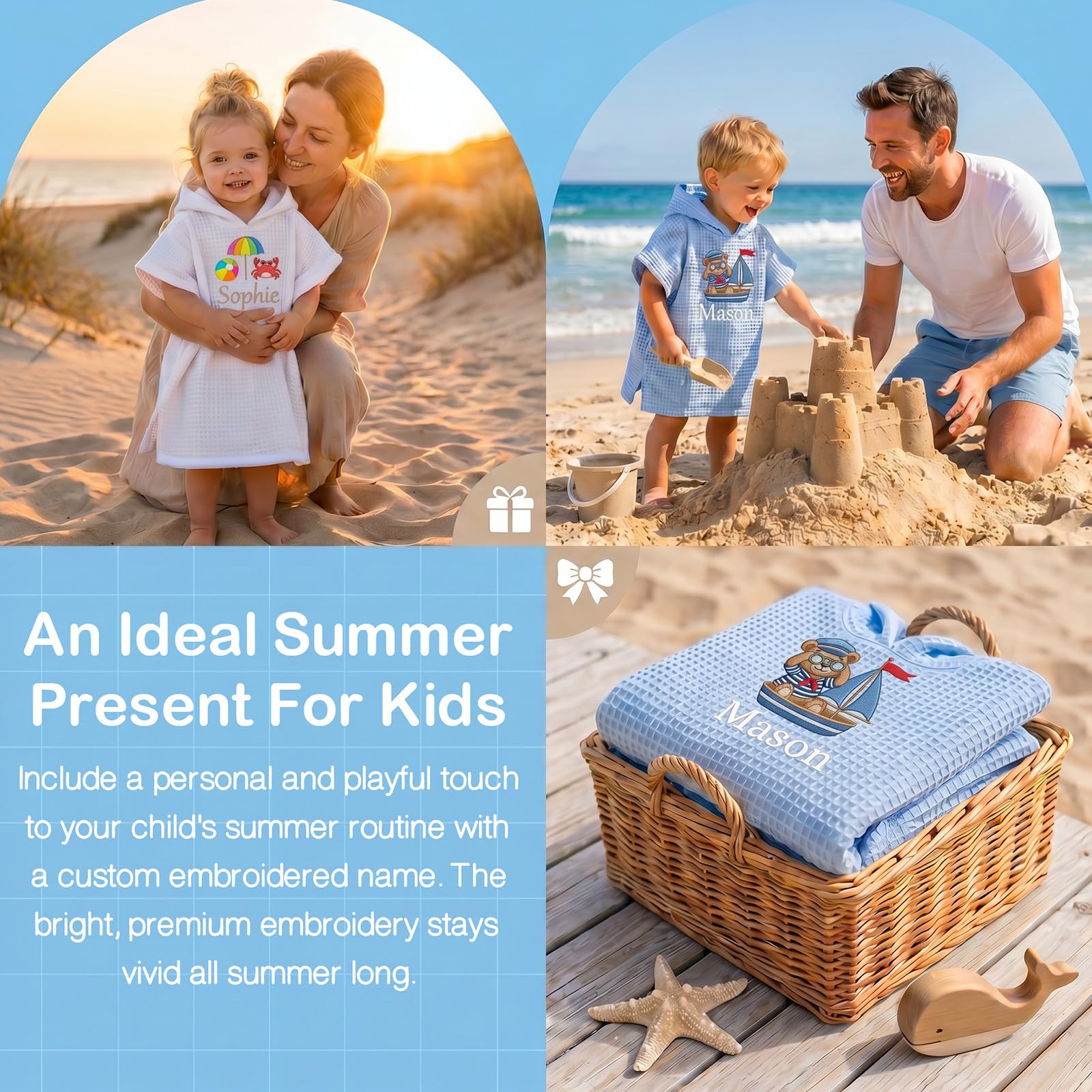 Personalisiertes Kapuzen-Strandtuch für Kinder, mit Motiv & Namen, trocknet schnell, sandfrei, 100% Baumwollwaffel, für Strand/Pool/Bad, Babyparty/Geburtstag, Sommergeschenk für Jungs & Mädchen