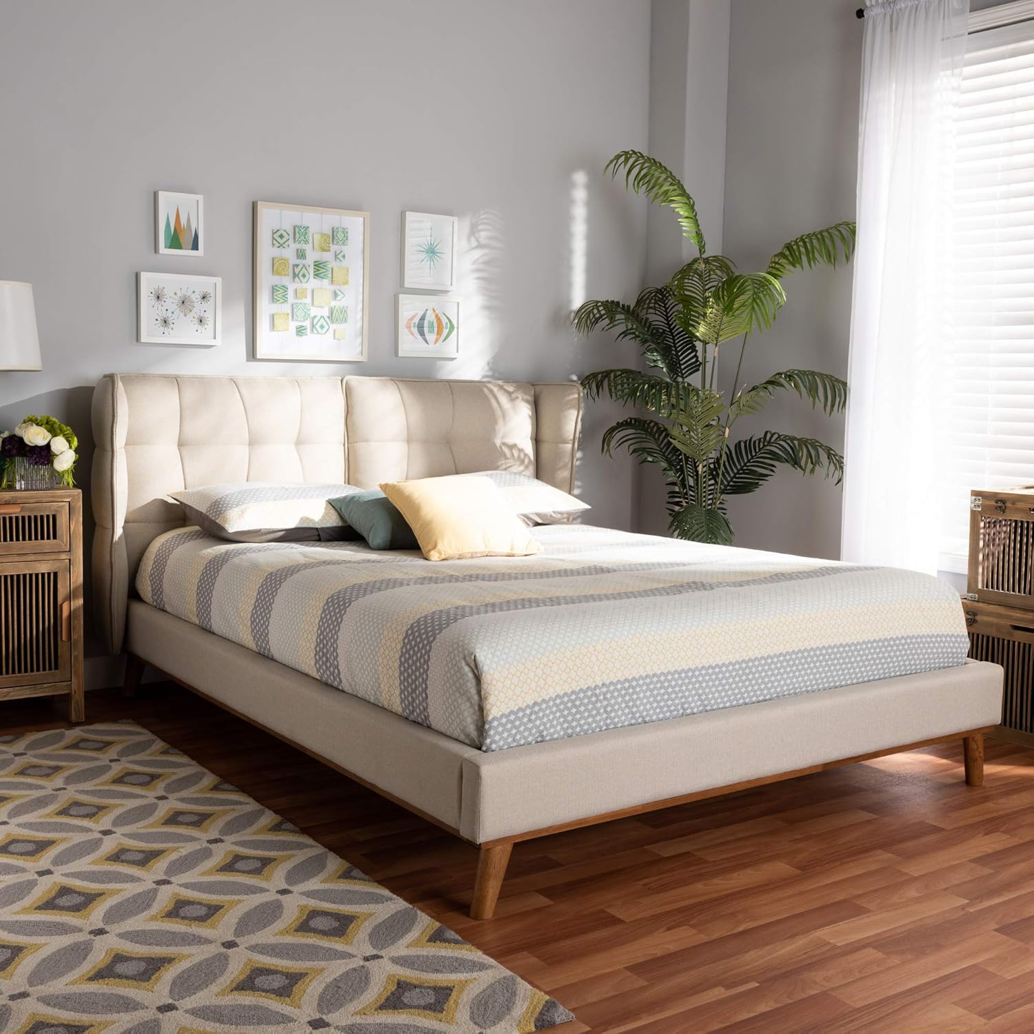 Baxton Studio Beds (Platform), Queen, Light beige/Walnut brown