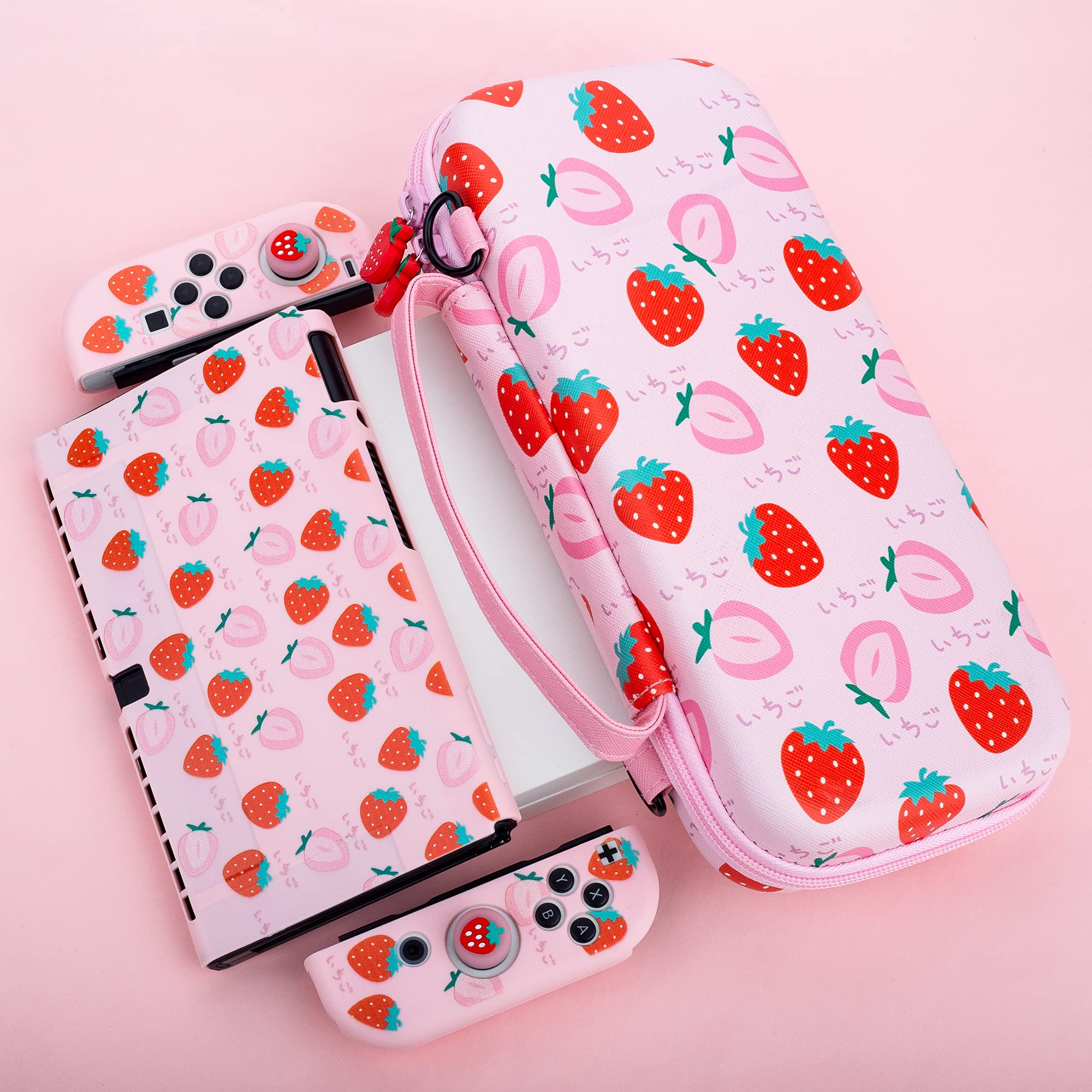 RHOTALL custodia da trasporto fragola per Nintendo Switch OLED, pacchetto di accessori per Switch OLED con guscio protettivo in TPU, tracolla regolabile, protezione schermo e 2 tappi per pollice