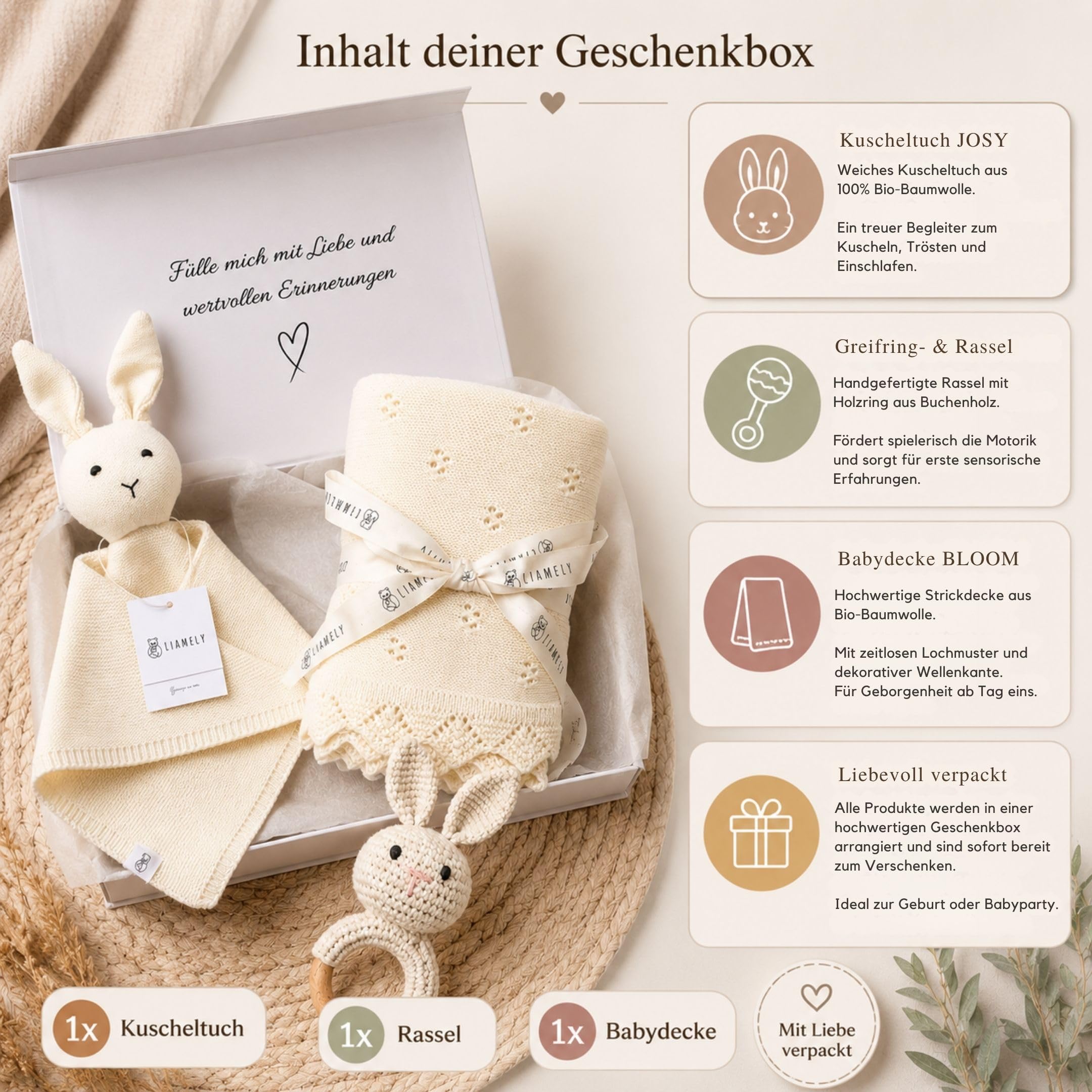 Baby Geschenkset Bloom zur Geburt – Babydecke + Kuscheltuch Bio-Baumwolle + Greifring Buche – Edle Geschenkbox – Geschenk Neugeborene Mädchen Jungen