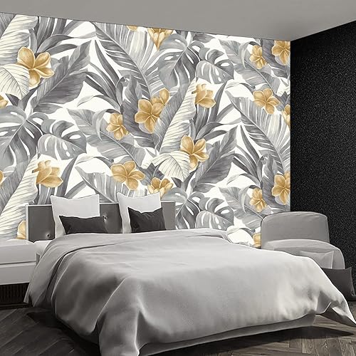 Miniatura 2 de Fightal - Papel tapiz botánico tropical con hojas de plátano verde y flores grandes para sala de estar y dormitorio (papel tapiz para pared de