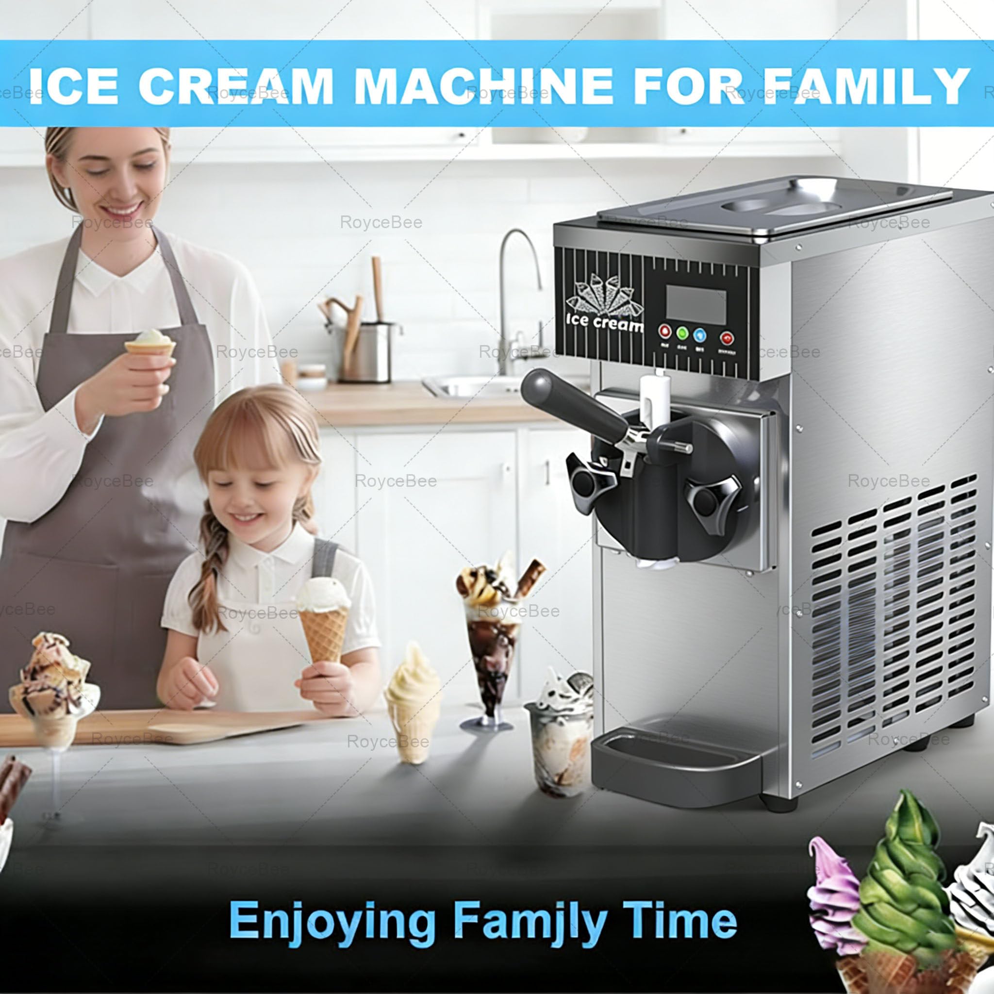 Heladera Mono Sabor de Sobremesa, Máquina Soft Serve 4-5 kg/h, Táctil LCD y Auto-Limpieza, para Bar, Cafetería, Restaurante, Tienda de Postres, Hogar, Chiringuito Metallic