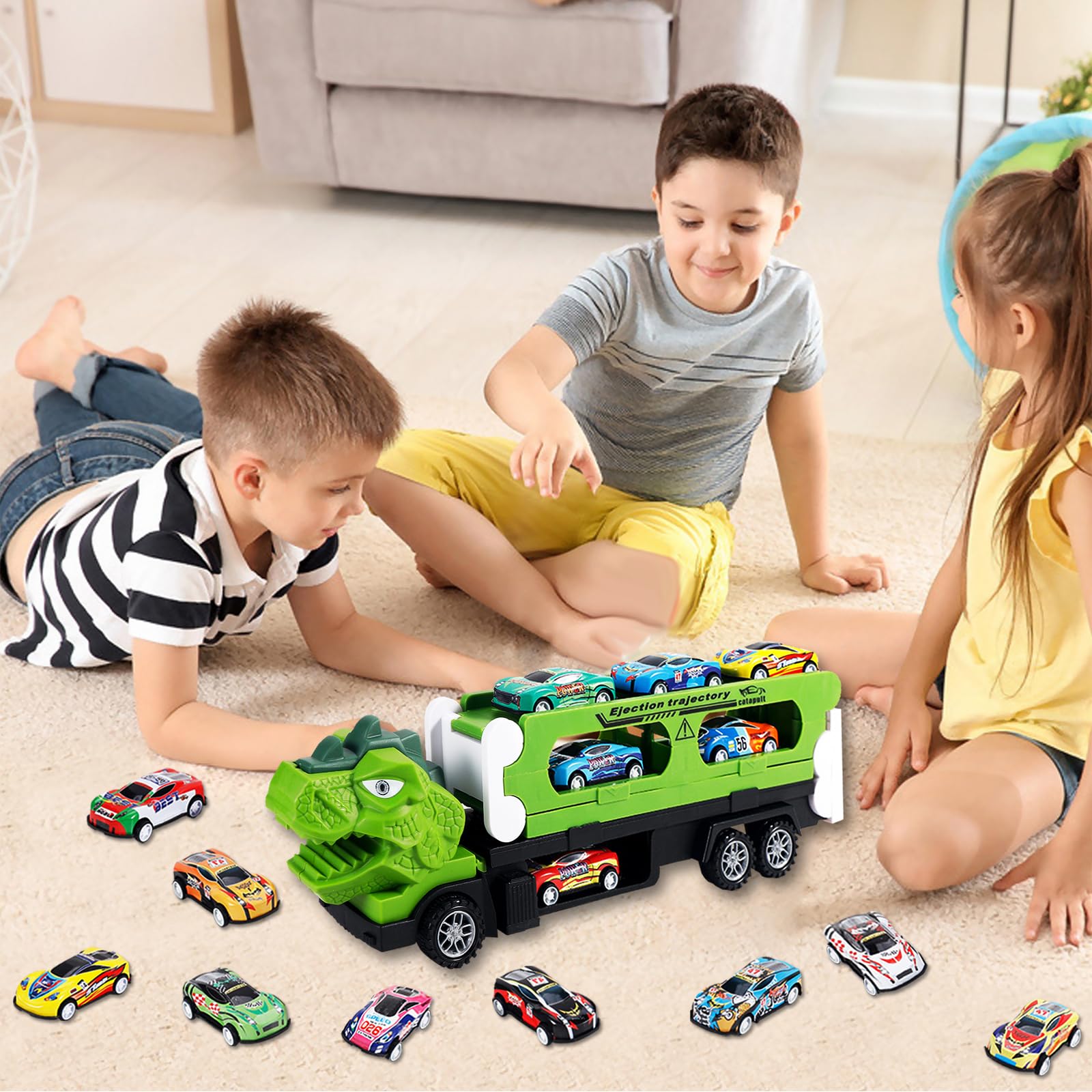 Kit de transport dinosaure 2 en 1 avec 12 voitures jouets en métal, circuit de course portable pour enfants, camion de transport et circuit de course, cadeau pour garçons de 3 à 8 ans