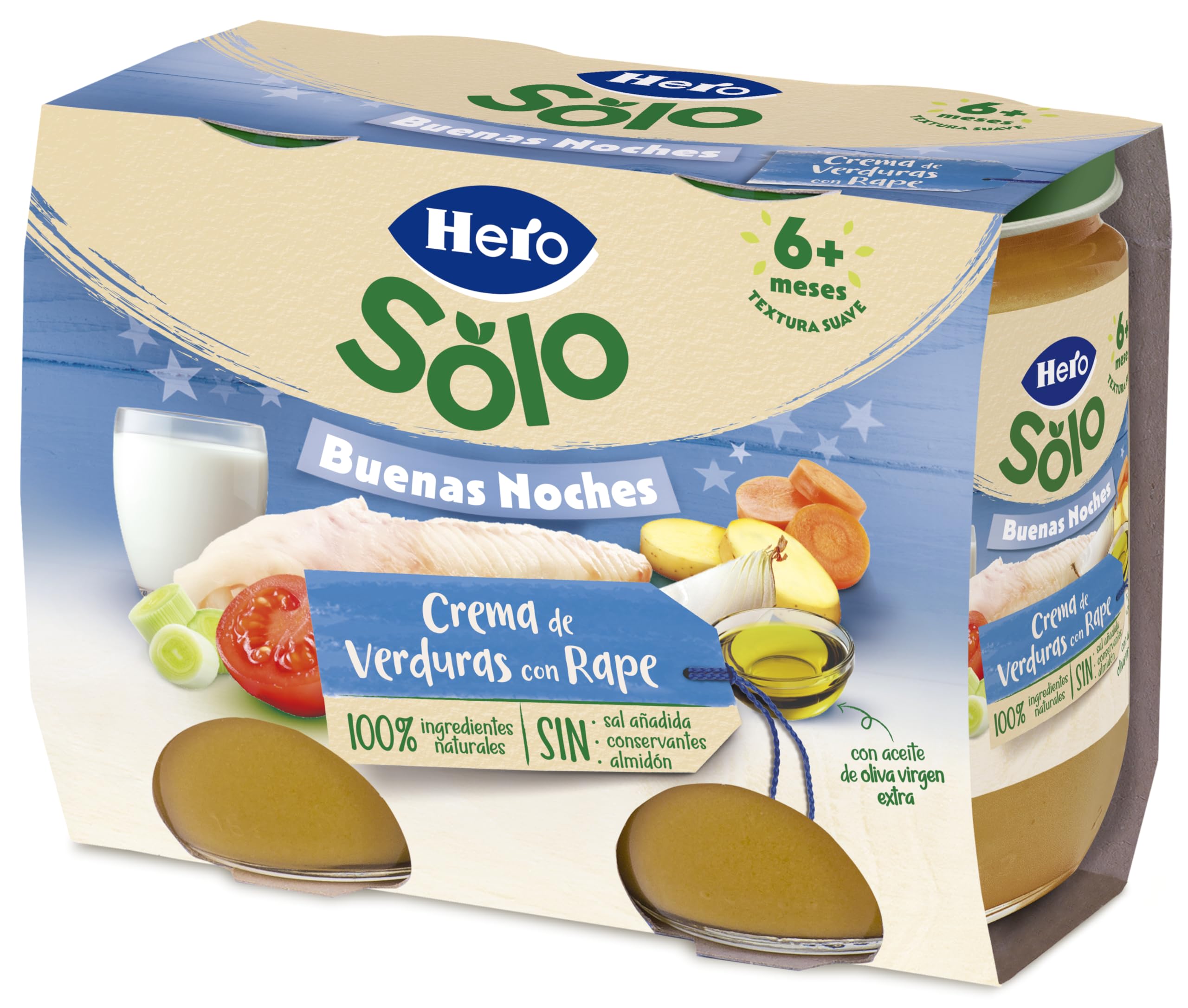 Hero Baby - Tarritos Infantiles, Buenas Noches Tarritos de Crema de Verduras con Rape, Alimento Infantil para Bebés a Partir de los 8 Meses - 190 g (Paquete de 12)