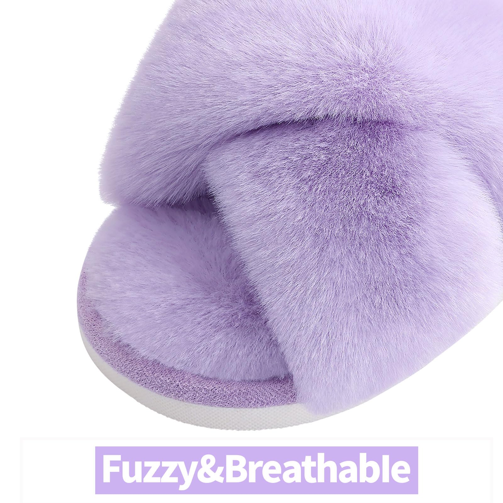 Evshine Women's Fuzzy Slippers Cross Band Memory Foam House Slippers Open Toe: 5-6.5 Lavender